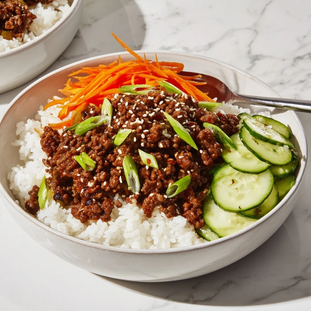 Savory Korean beef bowls topped with crunchy carrots, cucumber, and toasted sesame seeds
