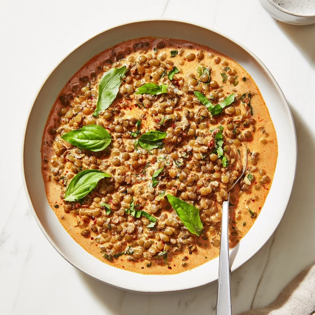 Creamy Marry Me Lentils in rich sun-dried tomato sauce topped with fresh basil garnish