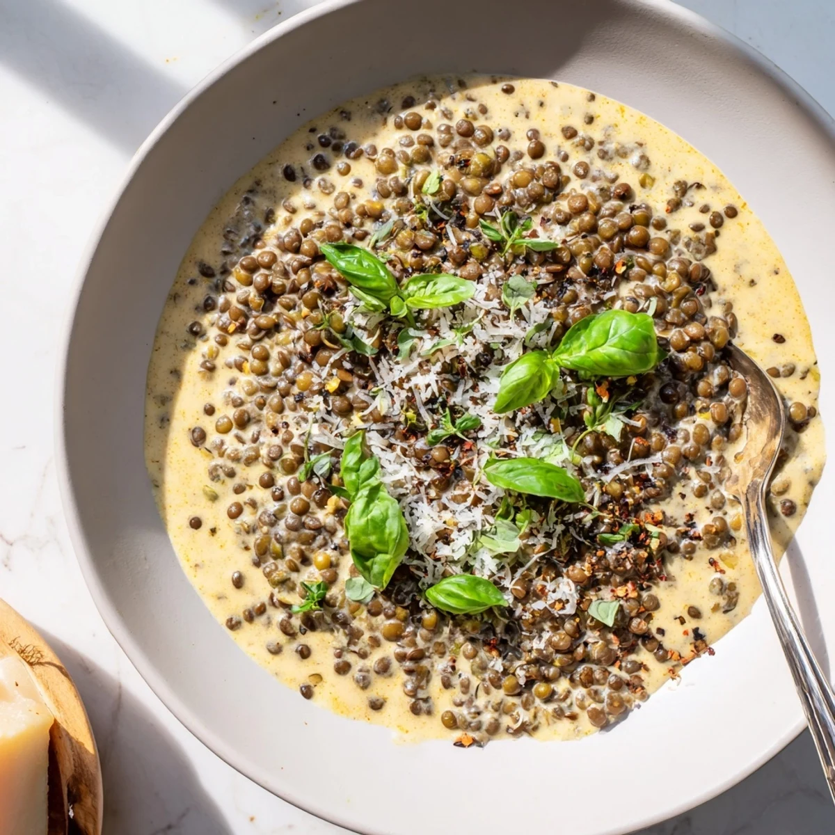 Tender lentils swimming in a velvety cream sauce with sun-dried tomatoes and herbs
