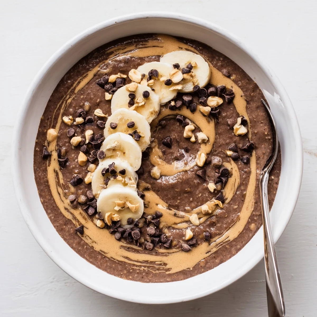Creamy chocolate peanut butter overnight oats topped with mini chips in a mason jar