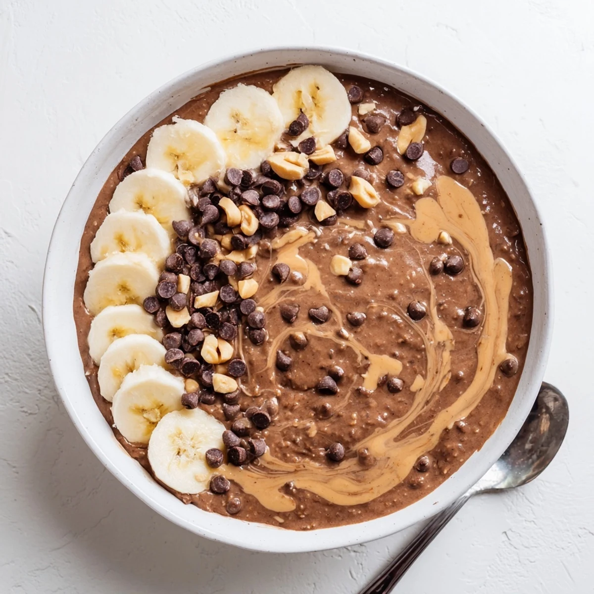 Thick chocolate peanut butter overnight oats swirled with Greek yogurt and fresh banana slices