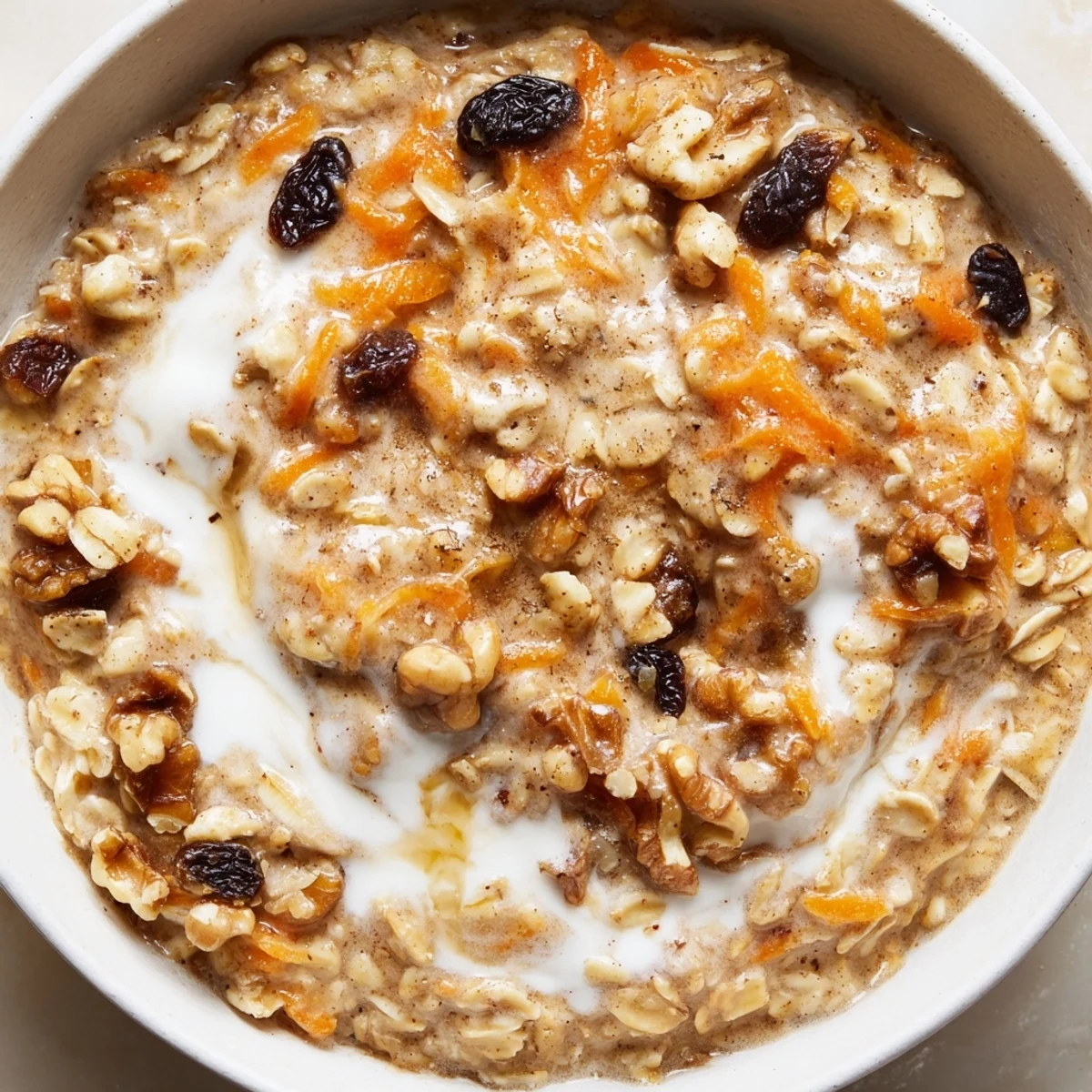 Creamy carrot cake overnight oats topped with crunchy walnuts in a glass jar