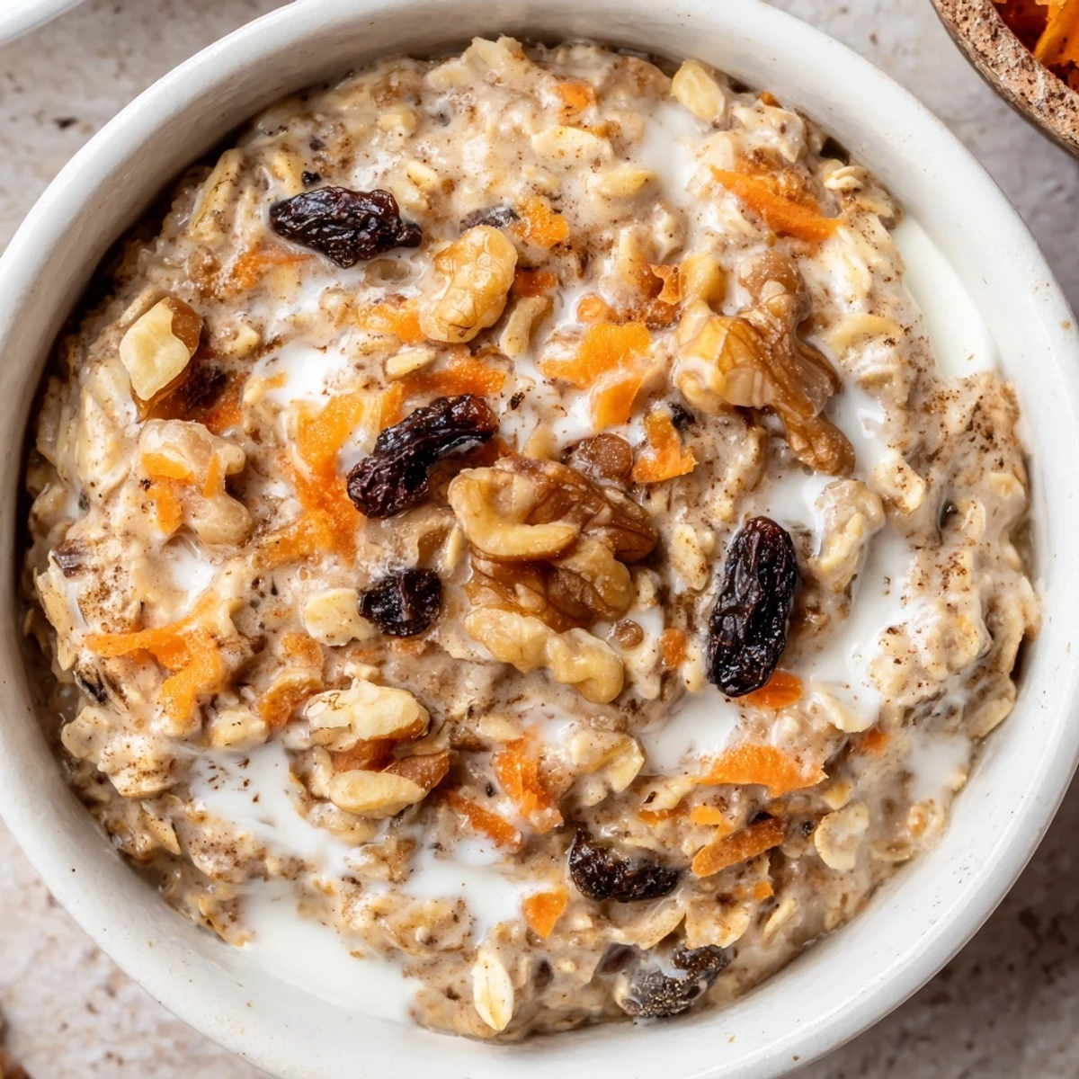 Spoonful of carrot cake overnight oats showing thick, creamy texture and colorful spices