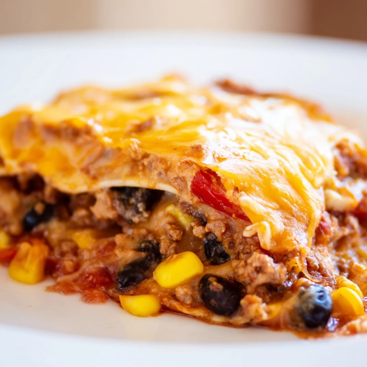 Golden bubbling Mexican lasagna with layers of seasoned beef, beans, and melted cheese.