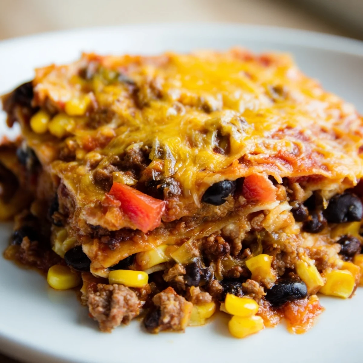 Mexican lasagna fresh from oven with gooey cheese, zesty beef, and colorful toppings.