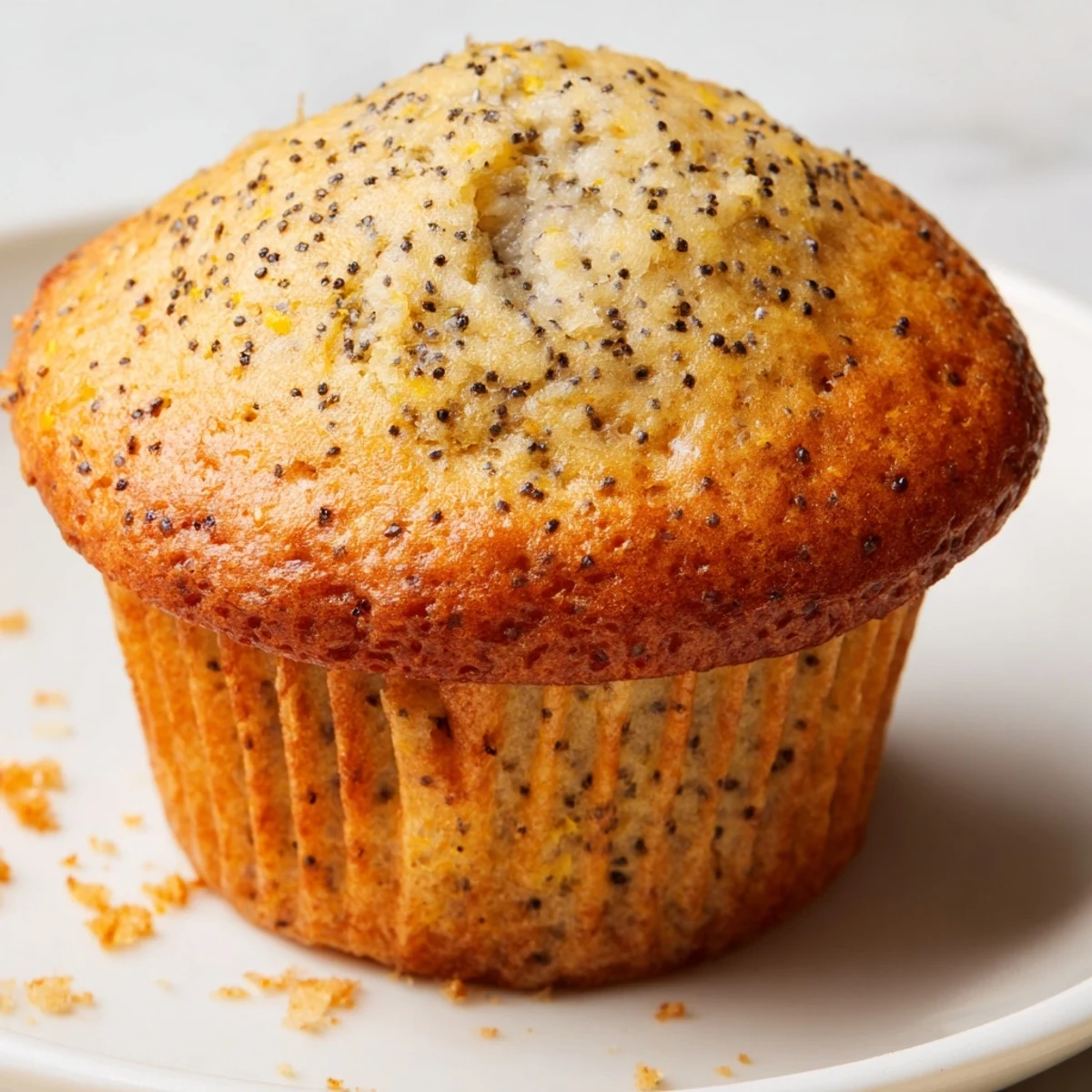 Golden lemon poppy seed muffins with domed tops fresh from the oven on a wire cooling rack