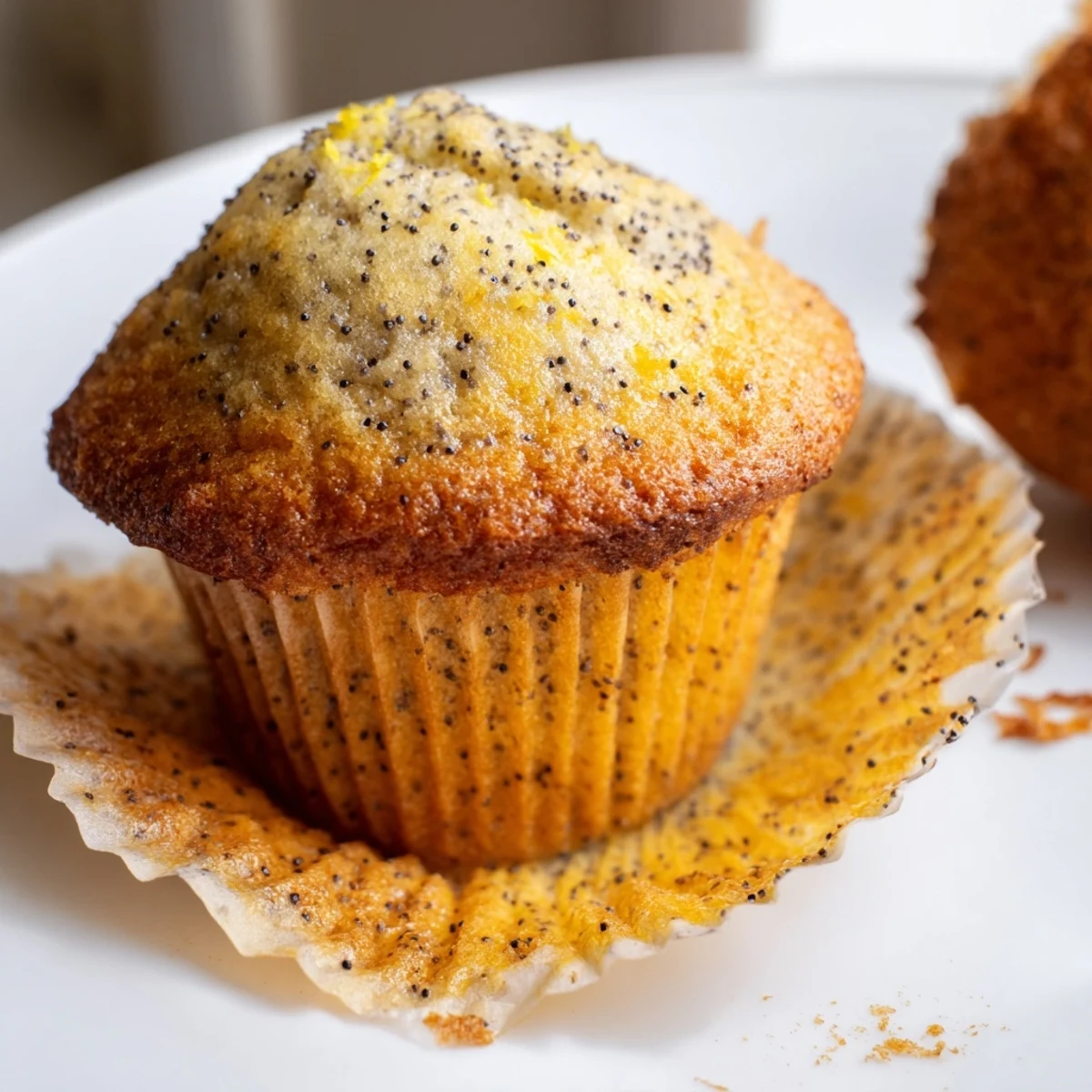 Moist lemon poppy seed muffins flecked with zest arranged on a rustic white ceramic plate