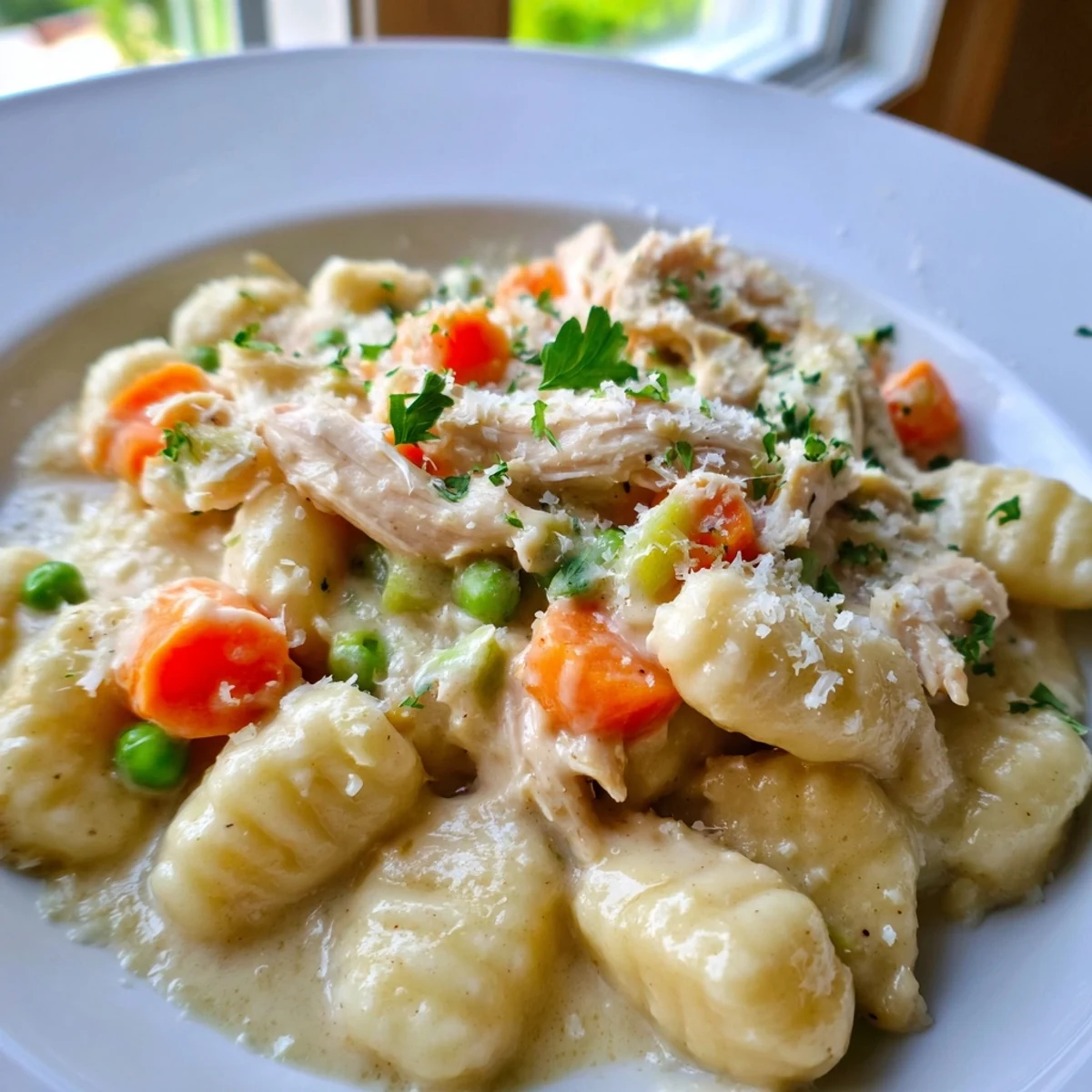 Creamy one pot gnocchi chicken pot pie served in a rustic skillet with fresh parsley garnish