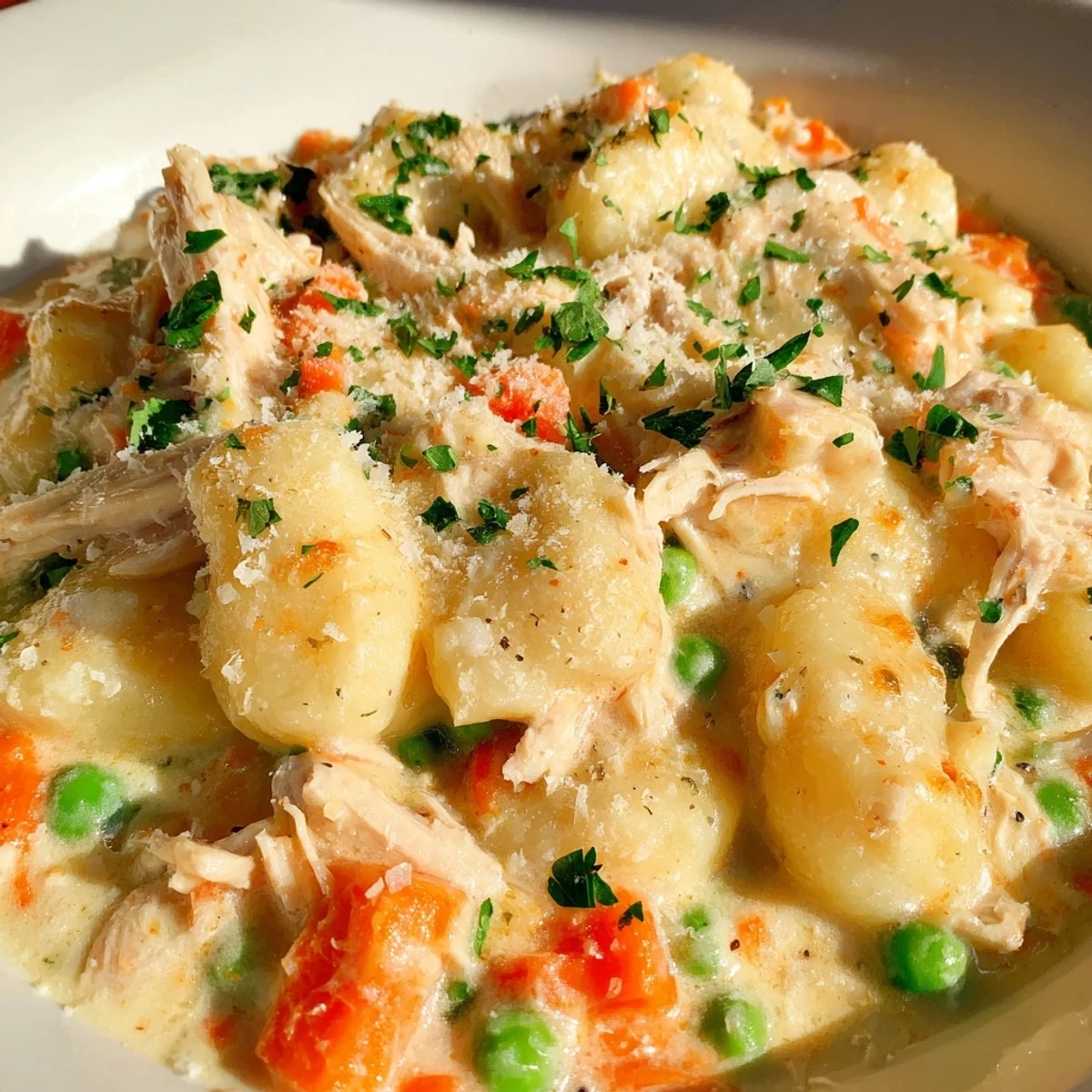 Golden one pot gnocchi chicken pot pie with tender vegetables in rich savory sauce
