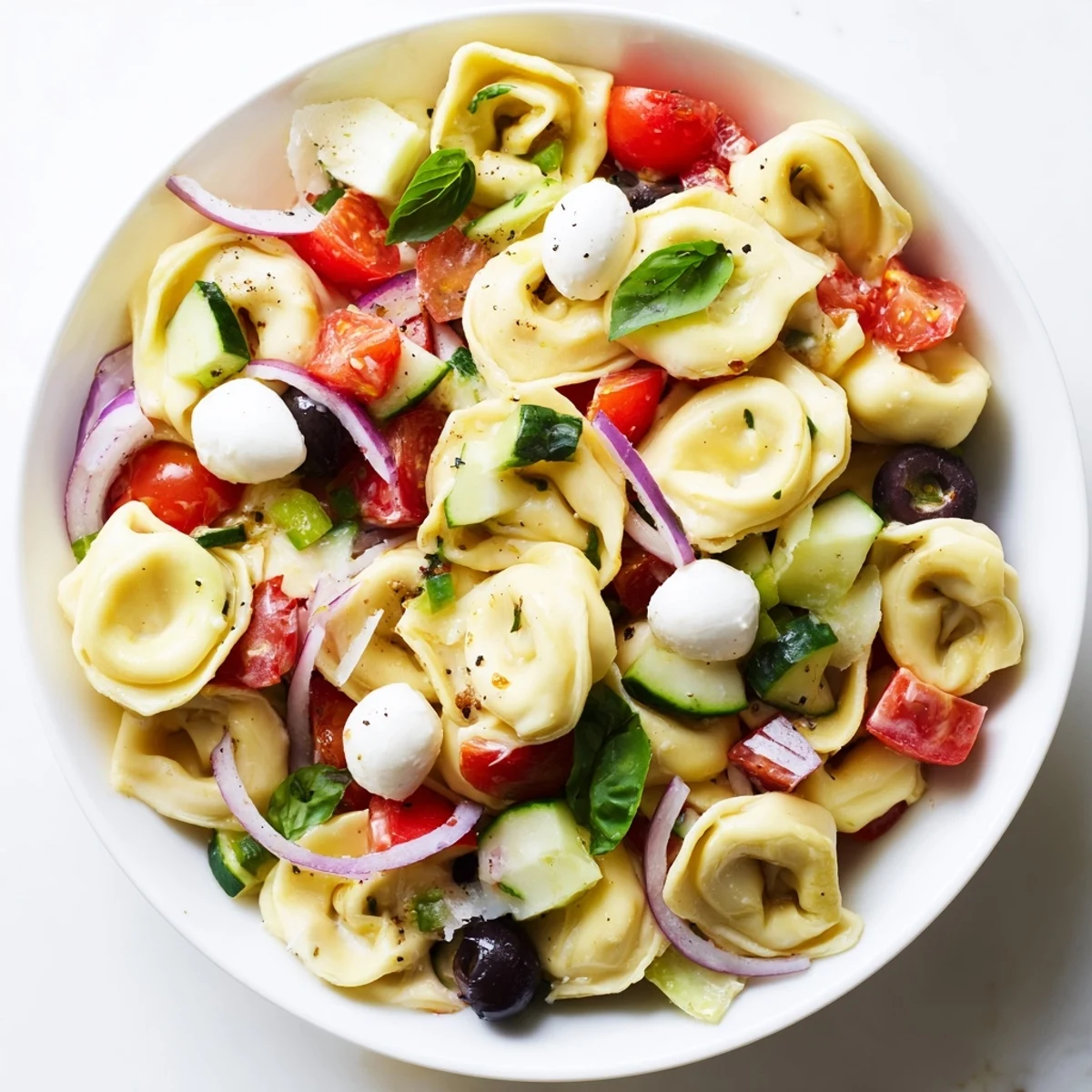 Cheese tortellini salad featuring crisp vegetables, mozzarella balls, and herbs glistening with vinaigrette