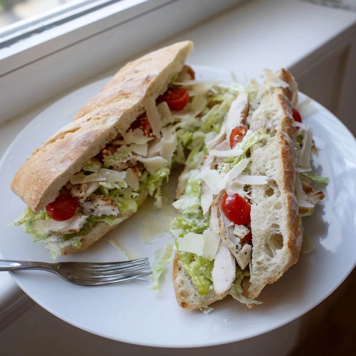 Grilled Chicken Caesar Sandwich with crisp romaine and creamy dressing on golden toasted ciabatta