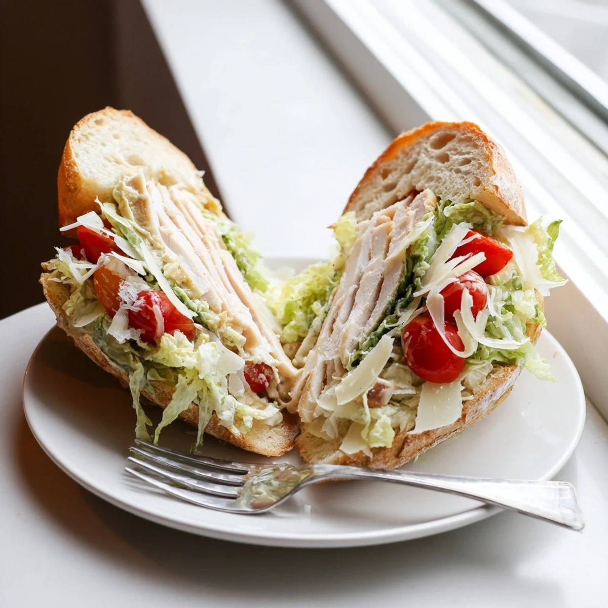 Juicy sliced chicken and shaved Parmesan top this hearty Chicken Caesar Sandwich on crusty bread