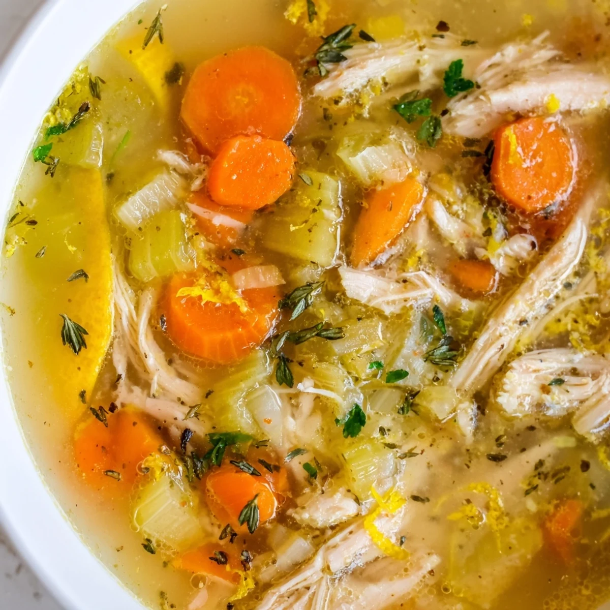 Steaming bowl of Crockpot Lemon Chicken Soup with tender shredded meat and bright herbs