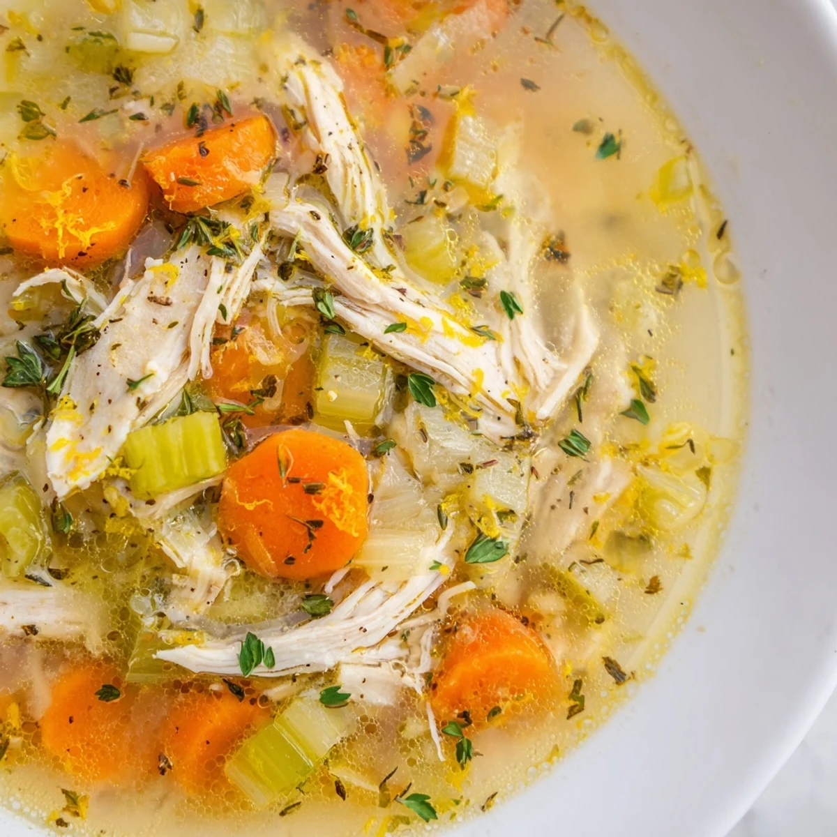 Crockpot Lemon Chicken Soup loaded with carrots celery and golden broth in white bowl