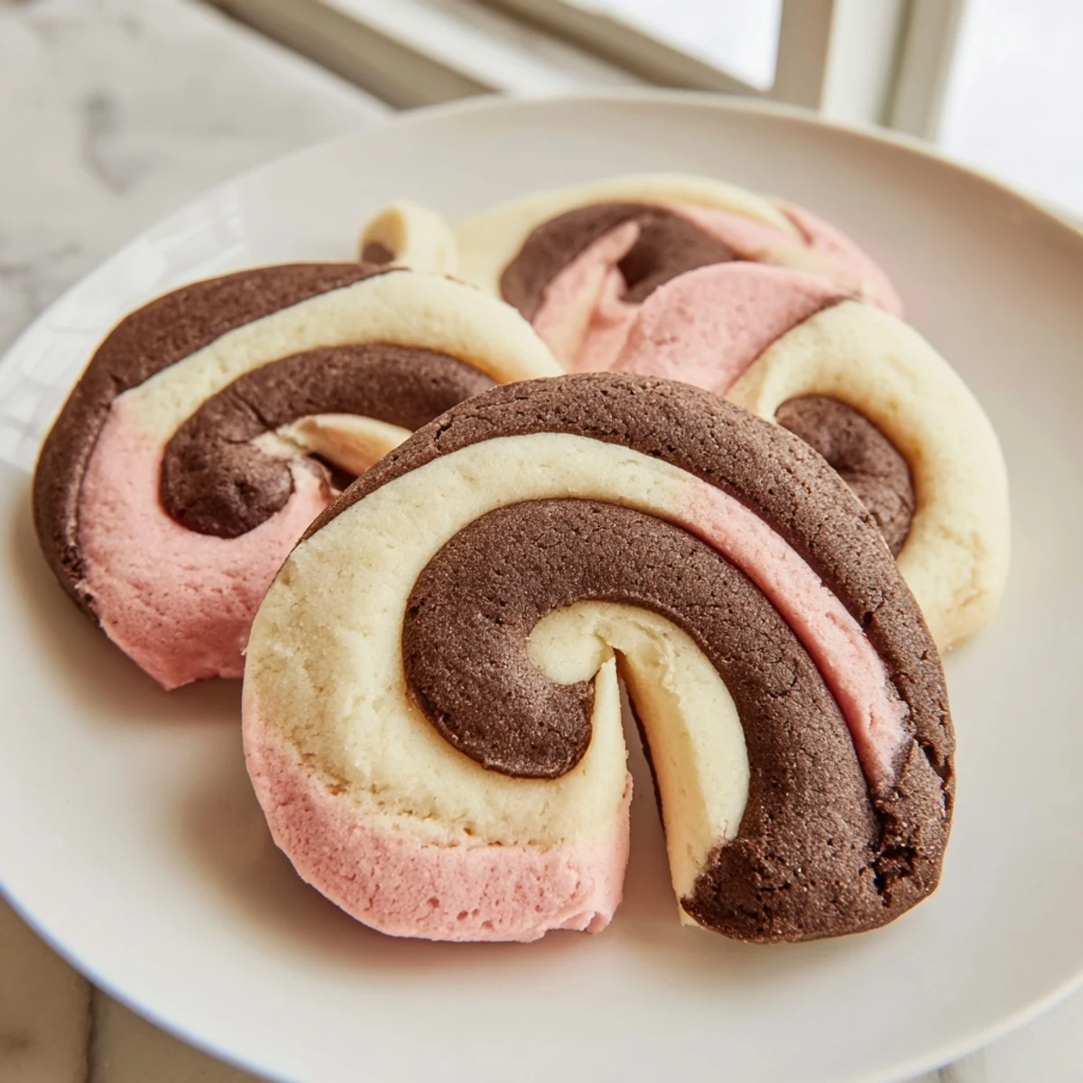 Neapolitan Swirl Cookies showcase chocolate, vanilla, and strawberry spirals on a rustic baking sheet