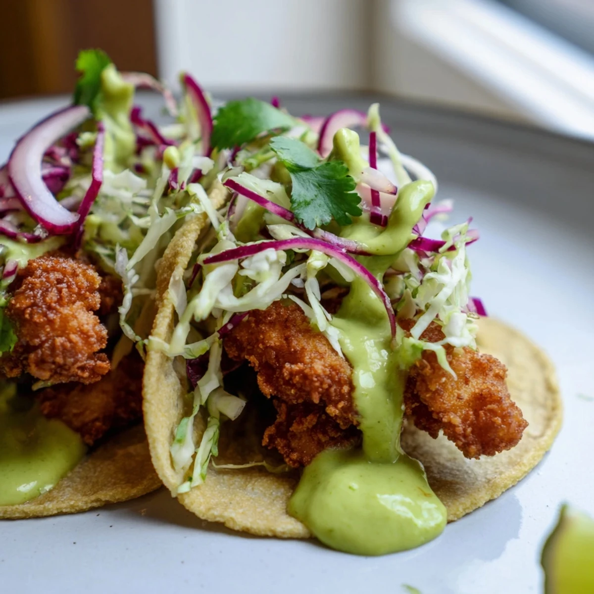 Crispy golden Baja Fish Tacos topped with vibrant cabbage slaw and drizzled with creamy green avocado crema