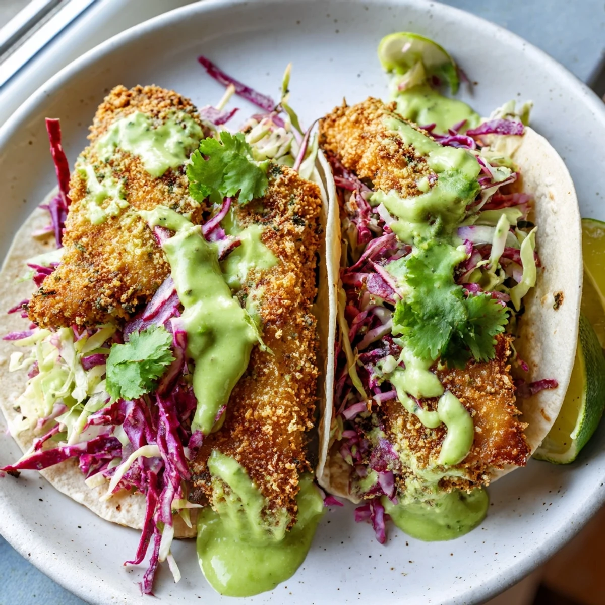Golden beer-battered fish nestled in warm corn tortillas with zesty slaw and rich avocado crema