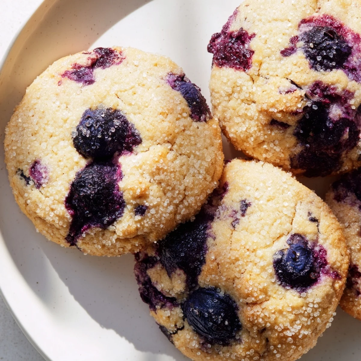 Soft blueberry muffin cookies with golden edges and juicy berries on a rustic baking sheet.