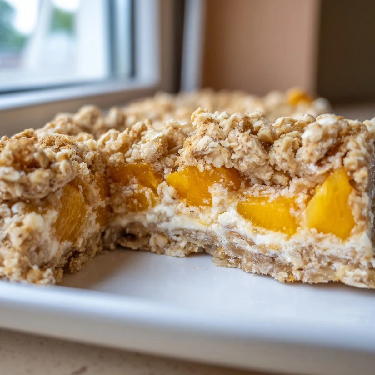 Golden Peaches and Cream Crumble Bars sliced and ready for a summer picnic treat