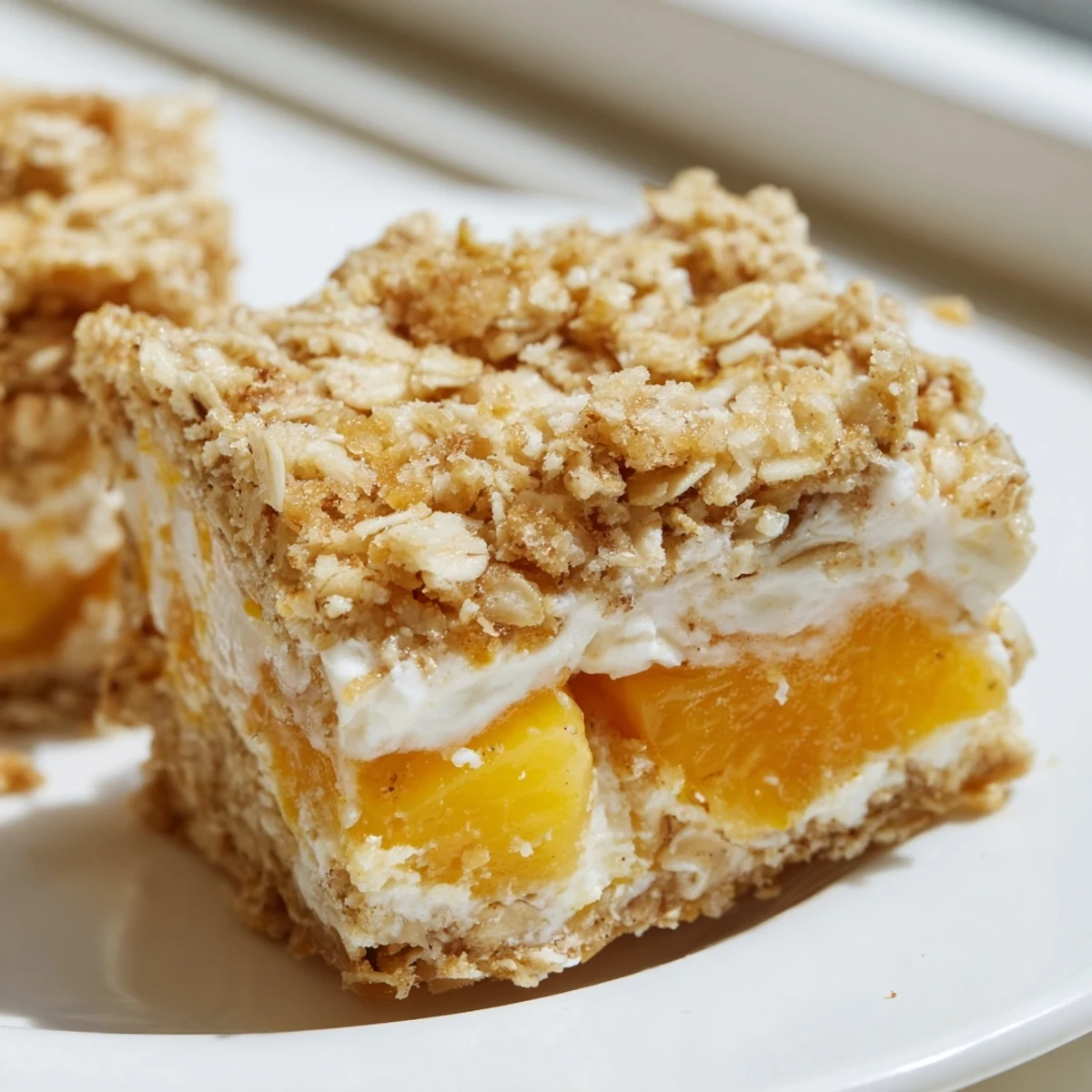Creamy cheesecake layer peeks through buttery oat crust on these Peaches and Cream Crumble Bars