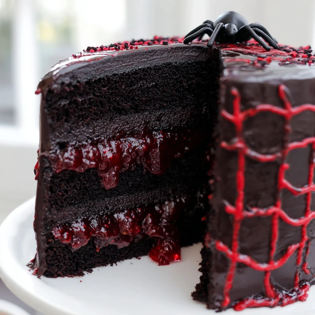 Hidden Horror Black Widow Cake sliced open revealing deep red cherry compote oozing from center