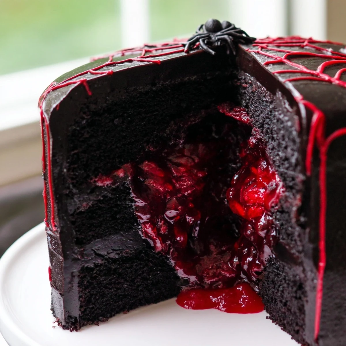 Dark chocolate Hidden Horror Black Widow Cake with glossy black ganache and spooky spider decorations