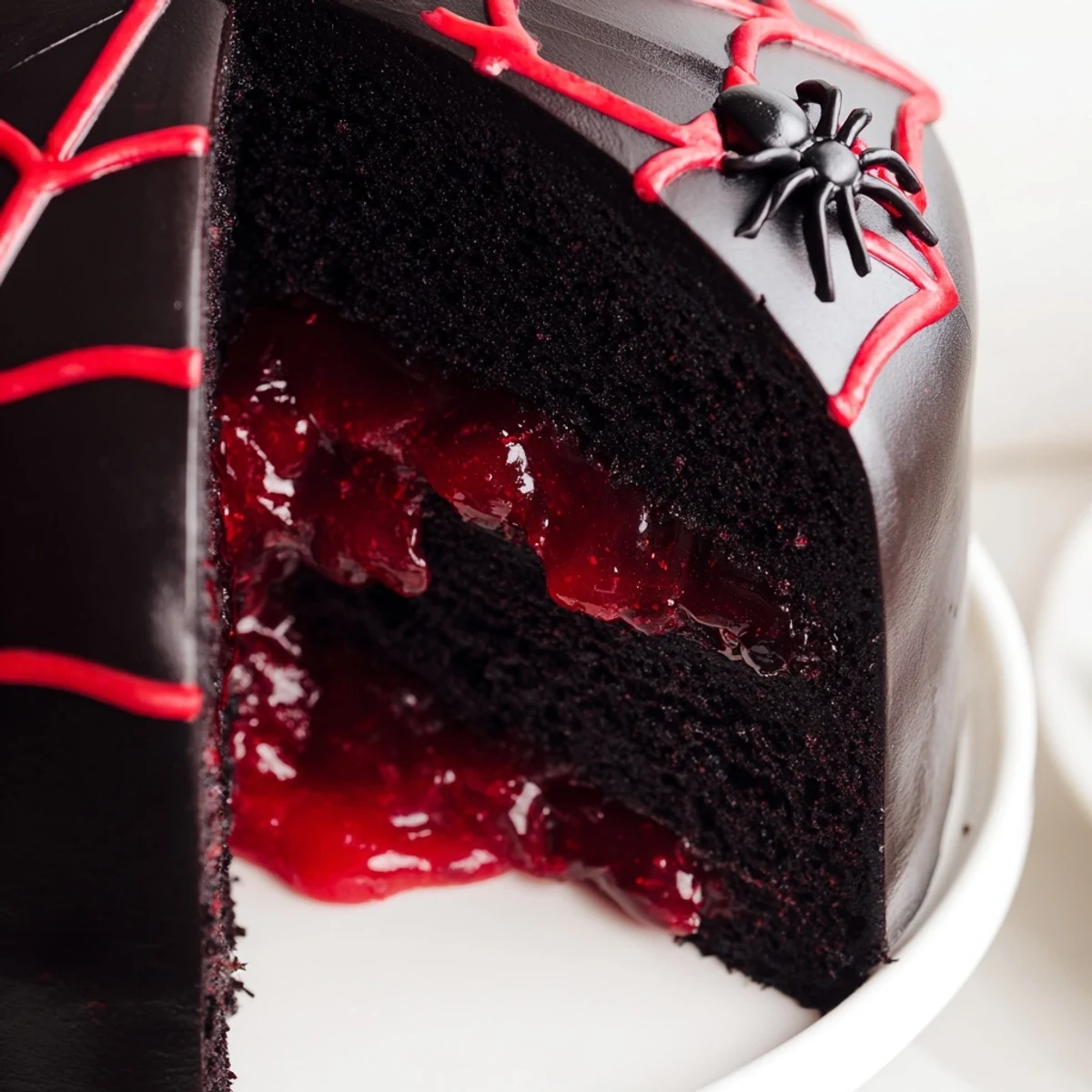 Moist Hidden Horror Black Widow Cake dripping with black cocoa ganache and red vein accents