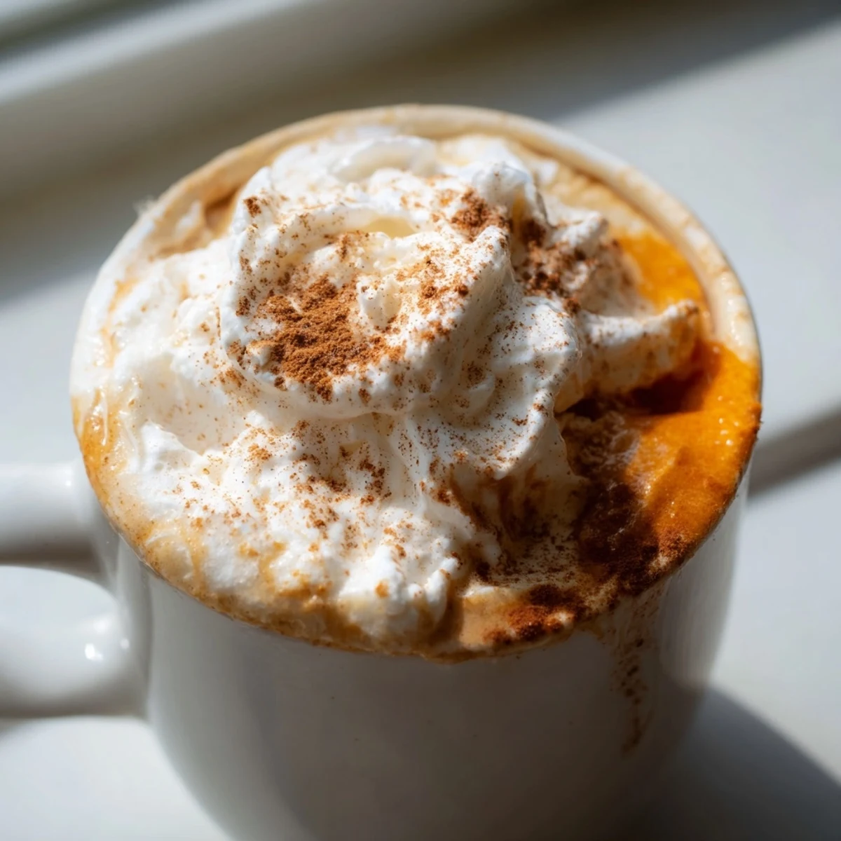 Homemade Pumpkin Spice Latte topped with fluffy whipped cream and a dusting of cinnamon