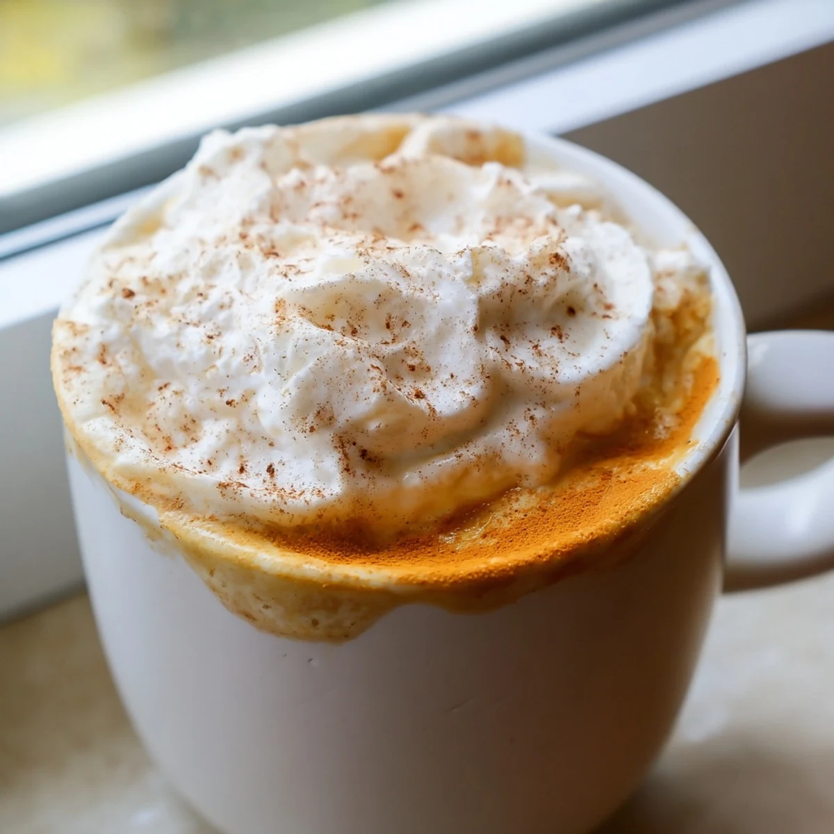 Steaming mug of homemade pumpkin spice latte with rich foam on a crisp autumn morning