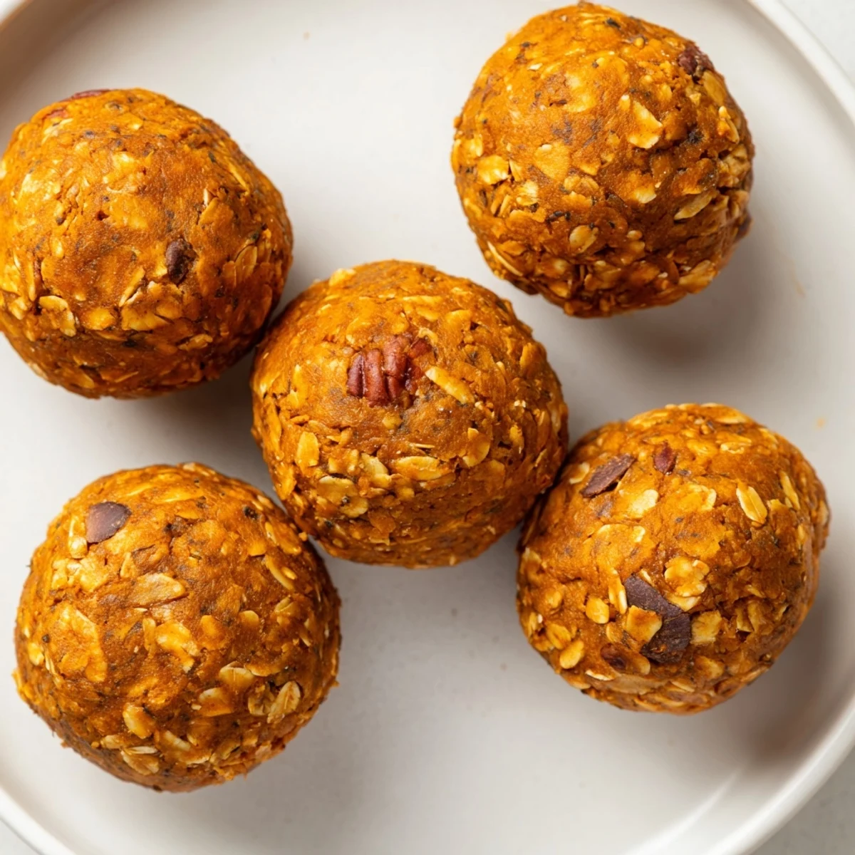 Chewy no bake pumpkin protein balls rolled in oats and warm cinnamon spice on a rustic wooden board