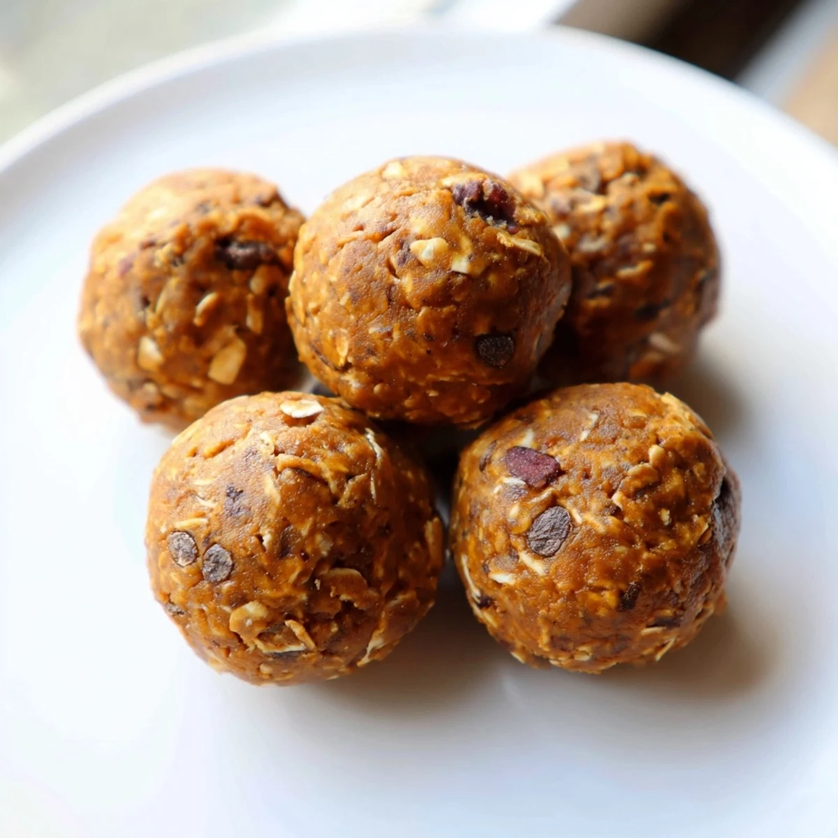 Creamy no bake pumpkin protein balls coated in crunchy chopped pecans served in a cozy fall kitchen