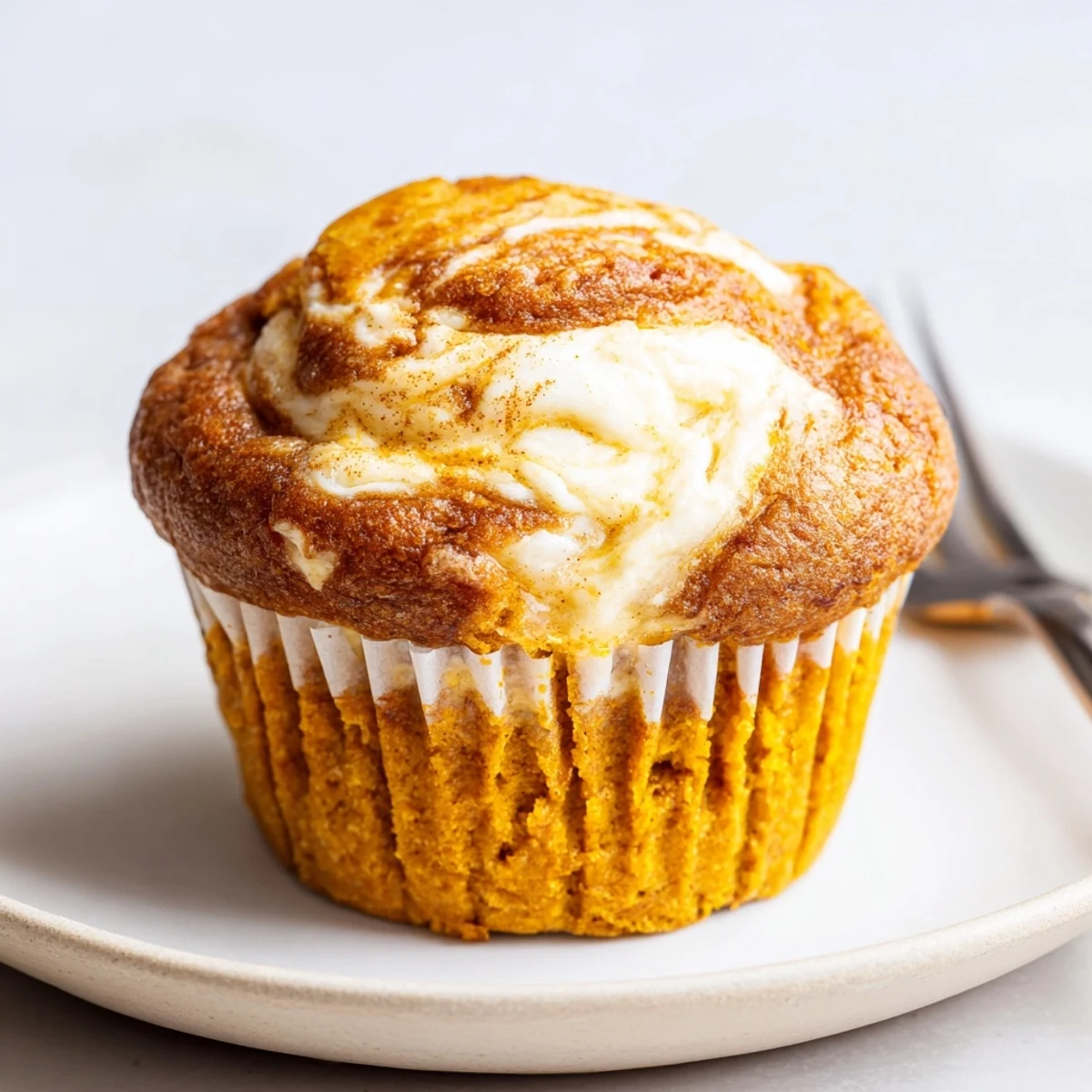 Golden chai pumpkin cheesecake muffins with swirled spiced cream cheese filling on rustic parchment paper