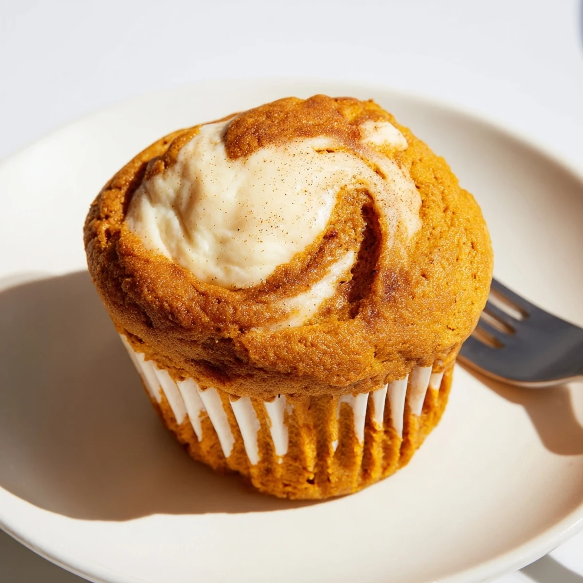 Warm chai pumpkin cheesecake muffins fresh from the oven topped with creamy swirled filling