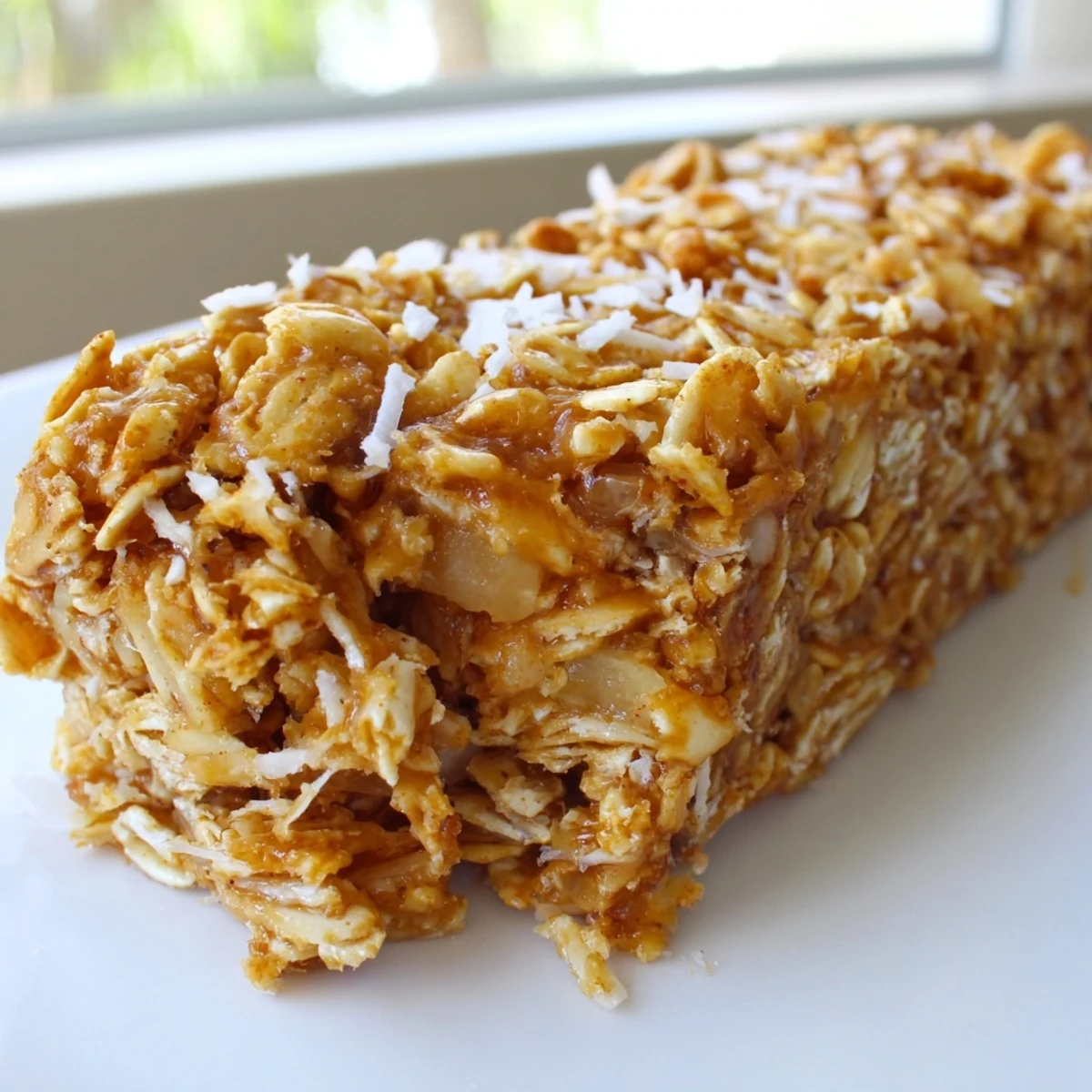 Chewy No Bake Apple Peanut Butter Granola Bars topped with visible apple pieces and oats