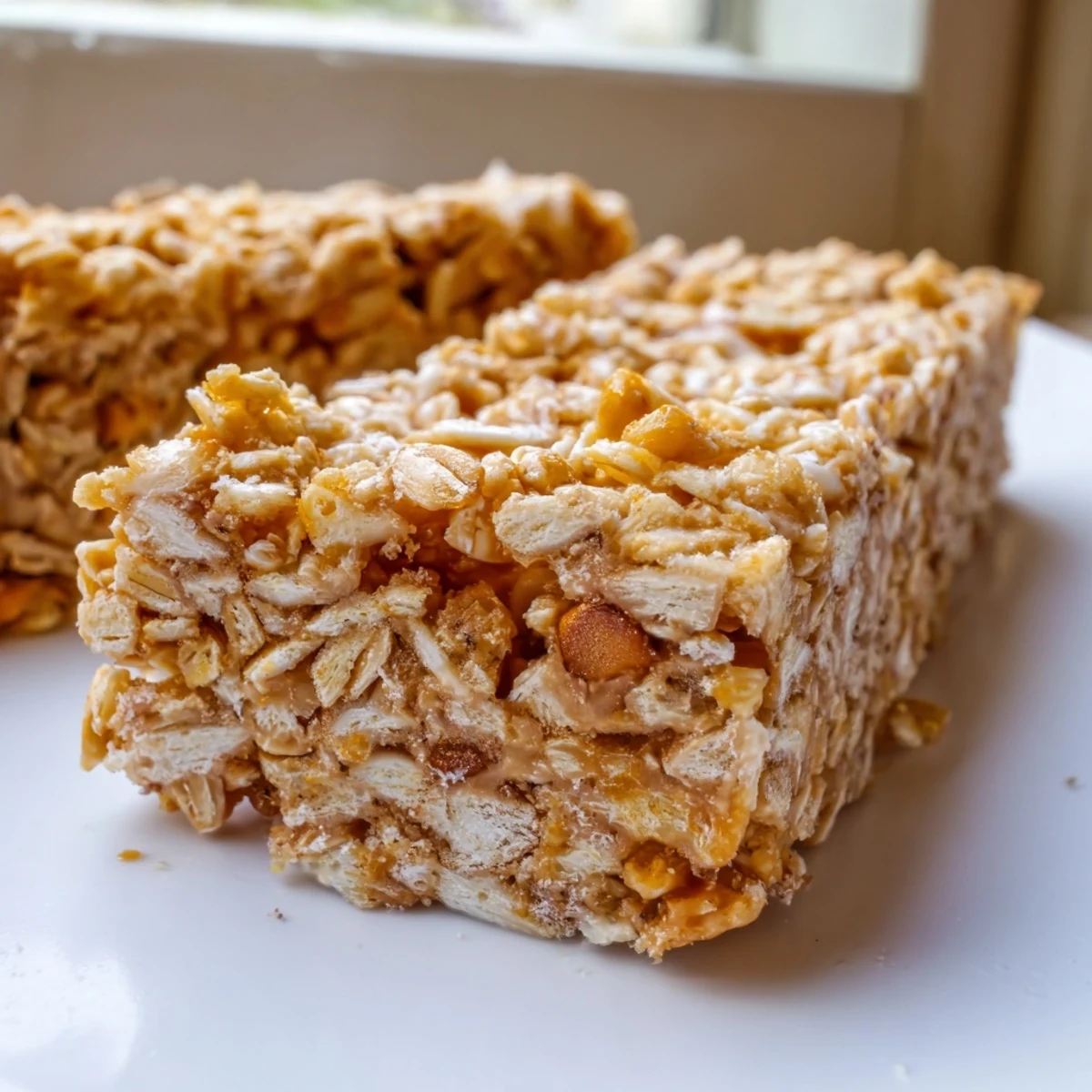 Thick slices of No Bake Apple Peanut Butter Granola Bars drizzled with extra honey