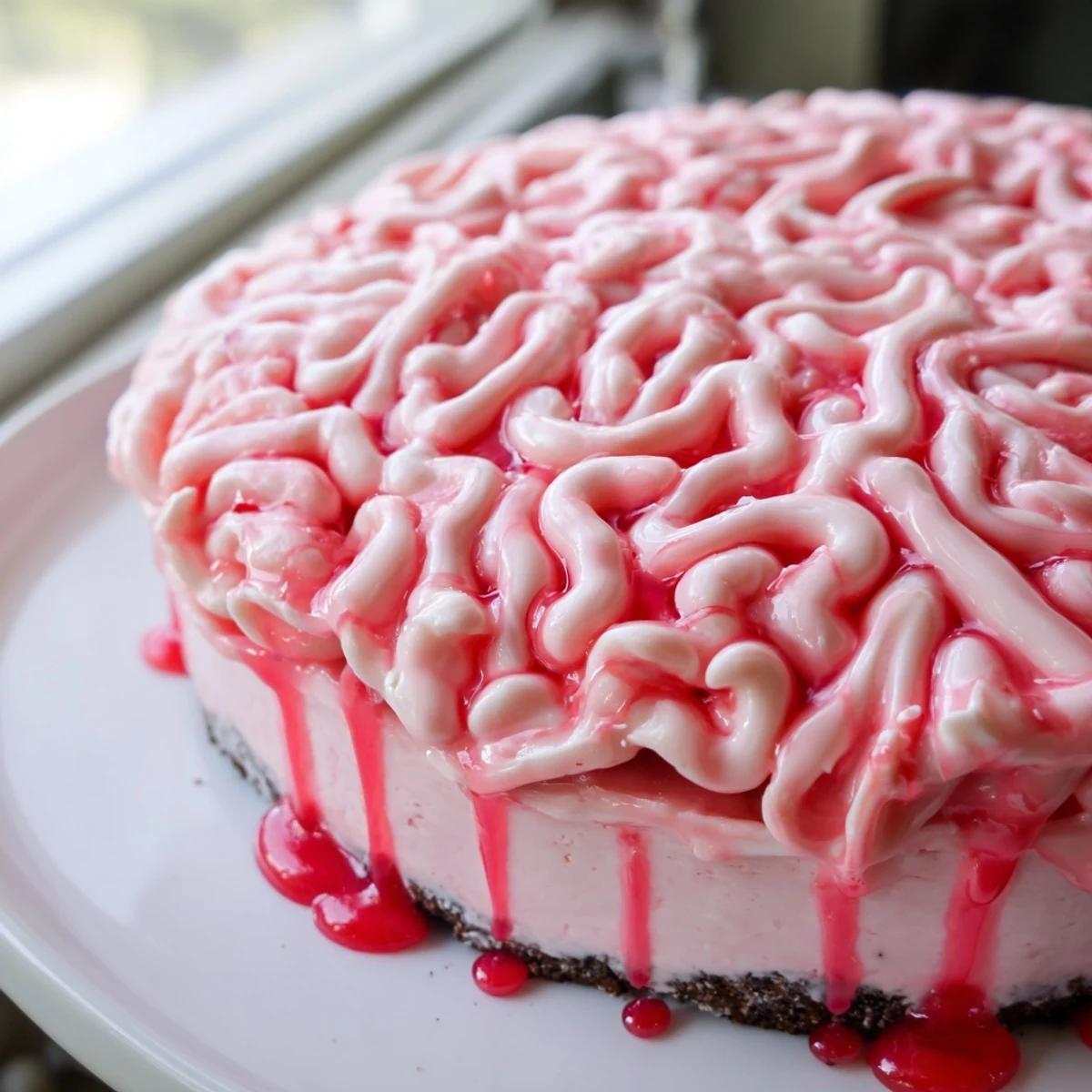 Creepy no bake strawberry cheesecake brain with pink chocolate folds and red berry drizzle