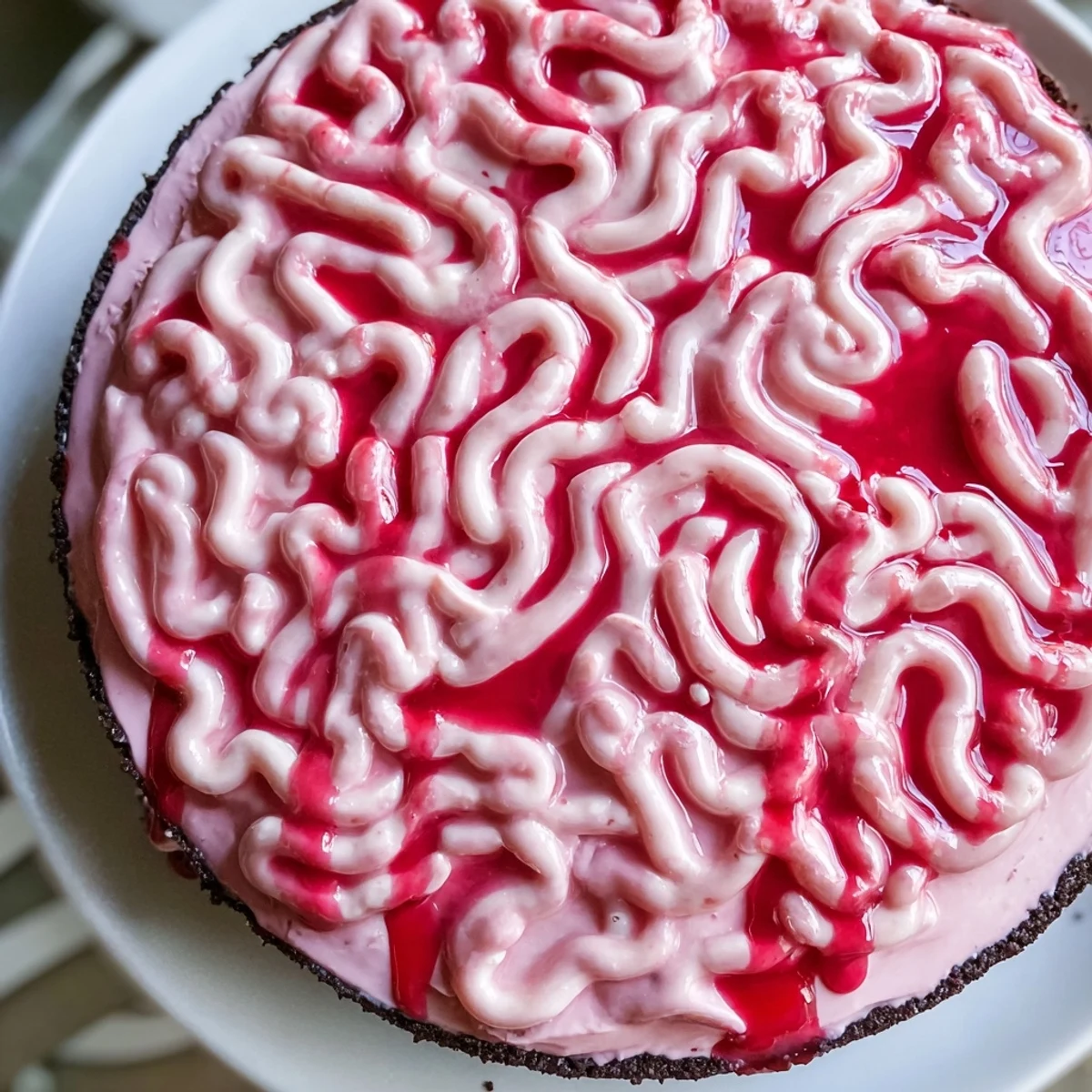 Chilled no bake strawberry cheesecake brain decorated with squiggly white chocolate brain folds