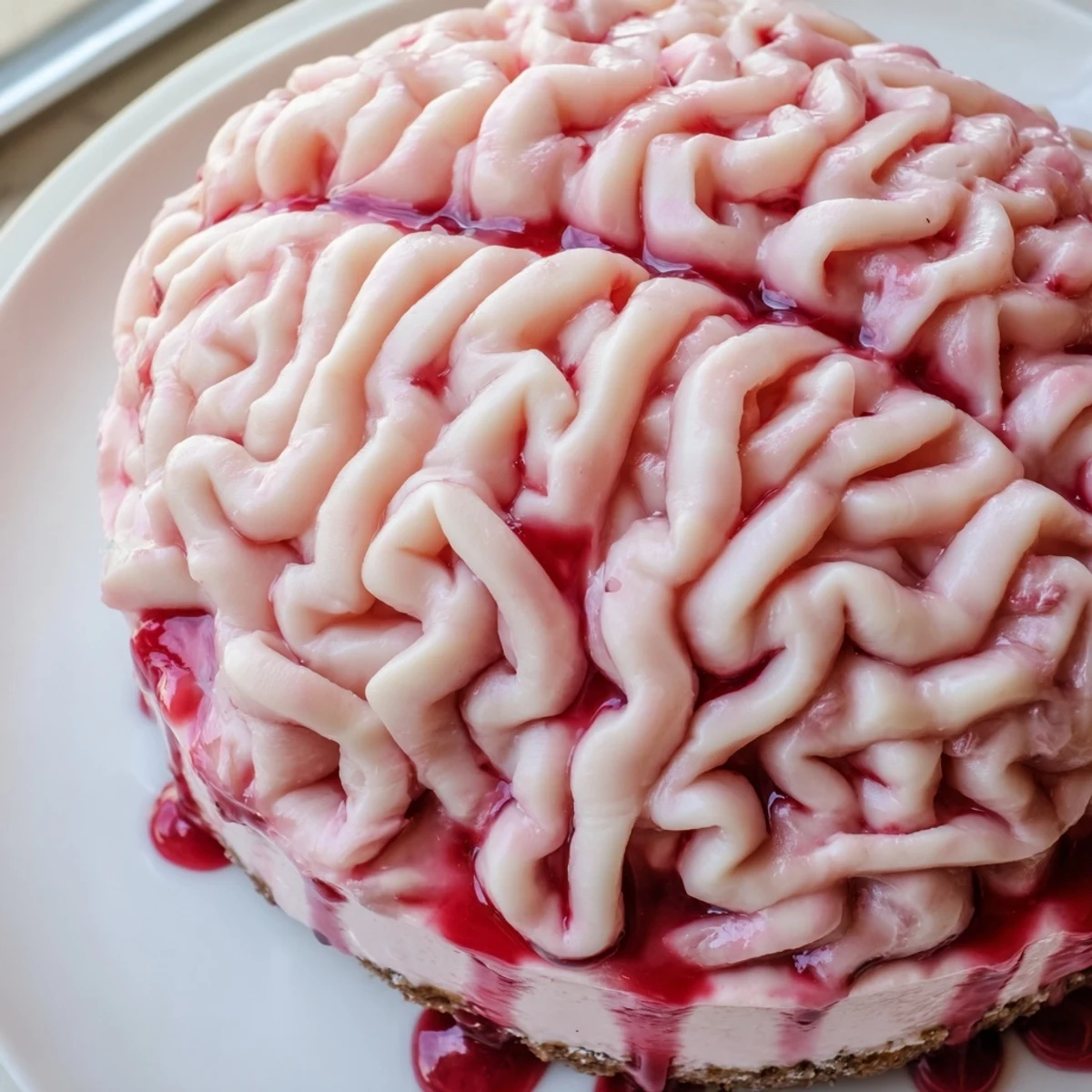 Sliced no bake strawberry cheesecake brain on a dark plate with gory coulis dripping