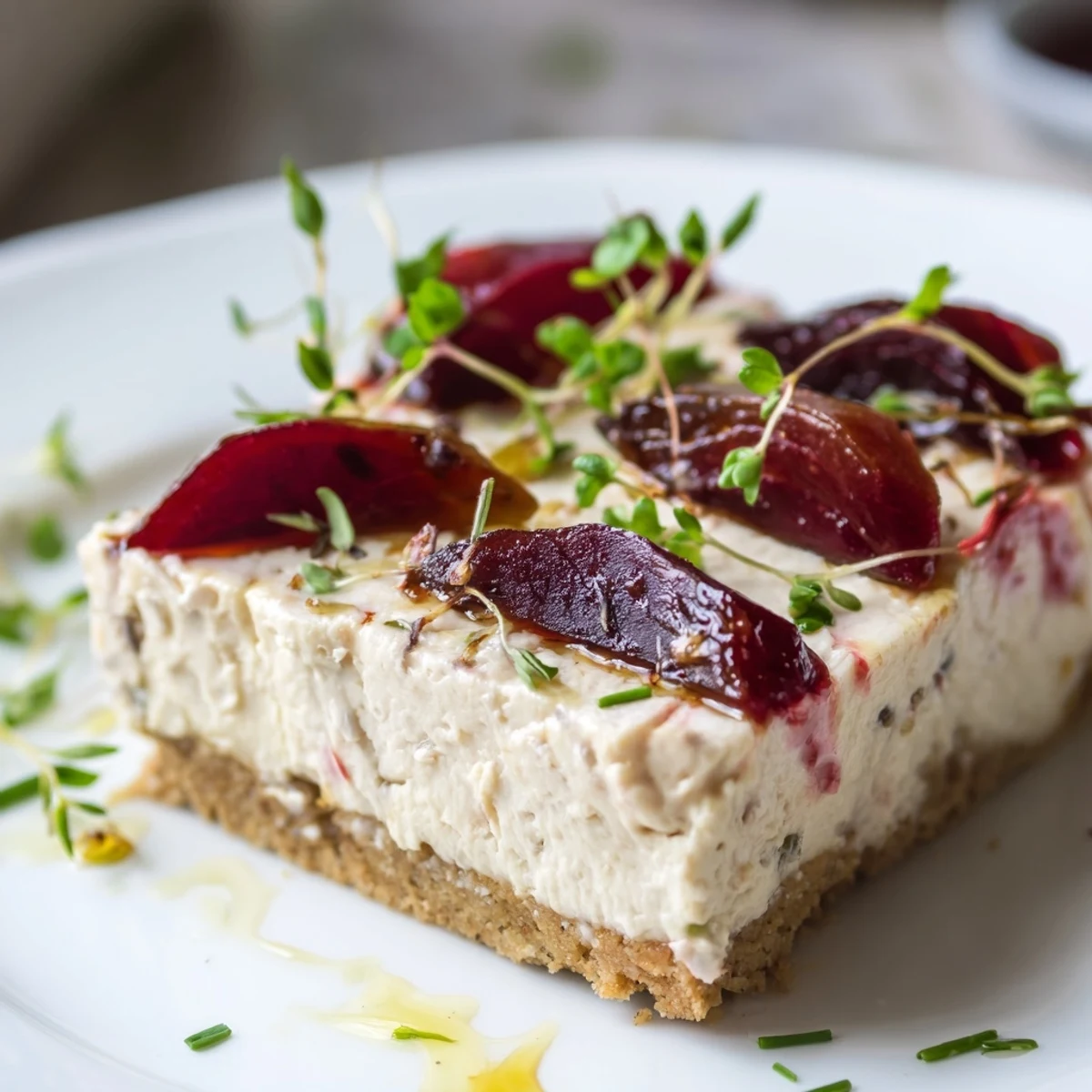 Creamy savoury cheesecake topped with caramelized roasted beetroot and fresh microgreens on a rustic plate