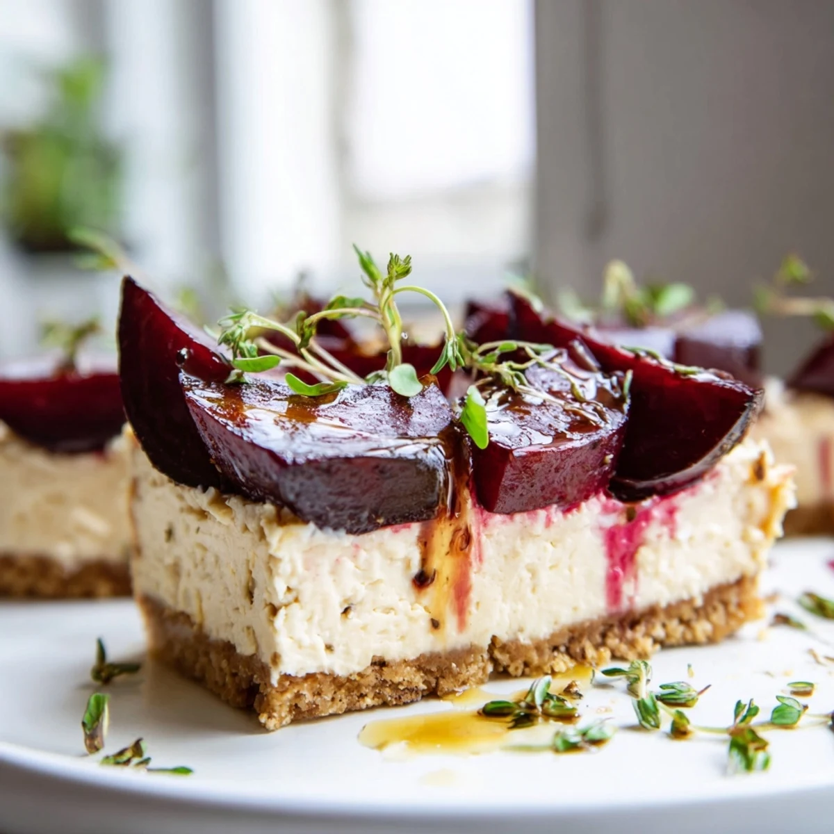 Golden crusted savoury cheesecake layered with rich cheeses and garnished with sweet roasted beetroot wedges