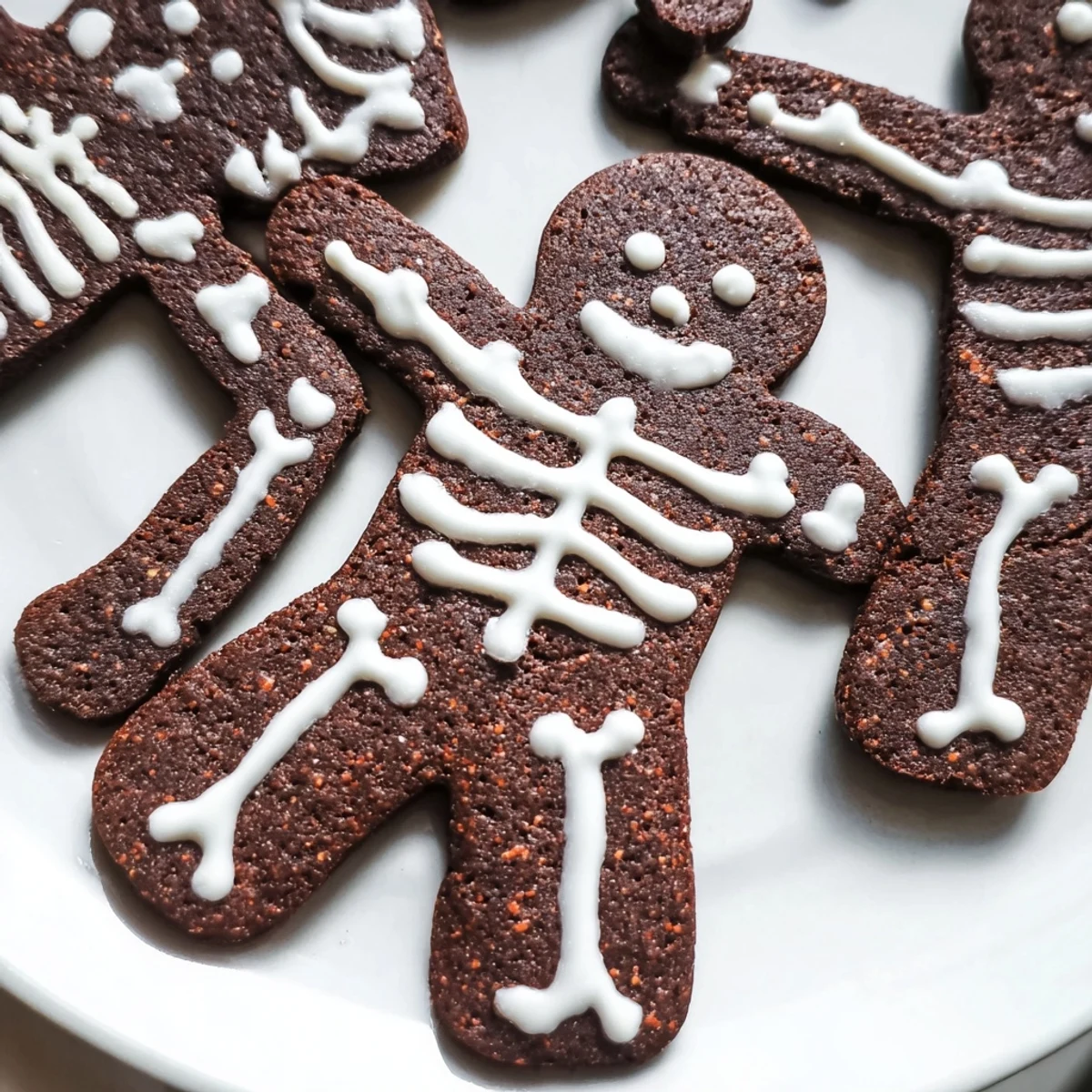 Chocolate Cinnamon Skeleton Cookies decorated with white royal icing on a rustic baking sheet