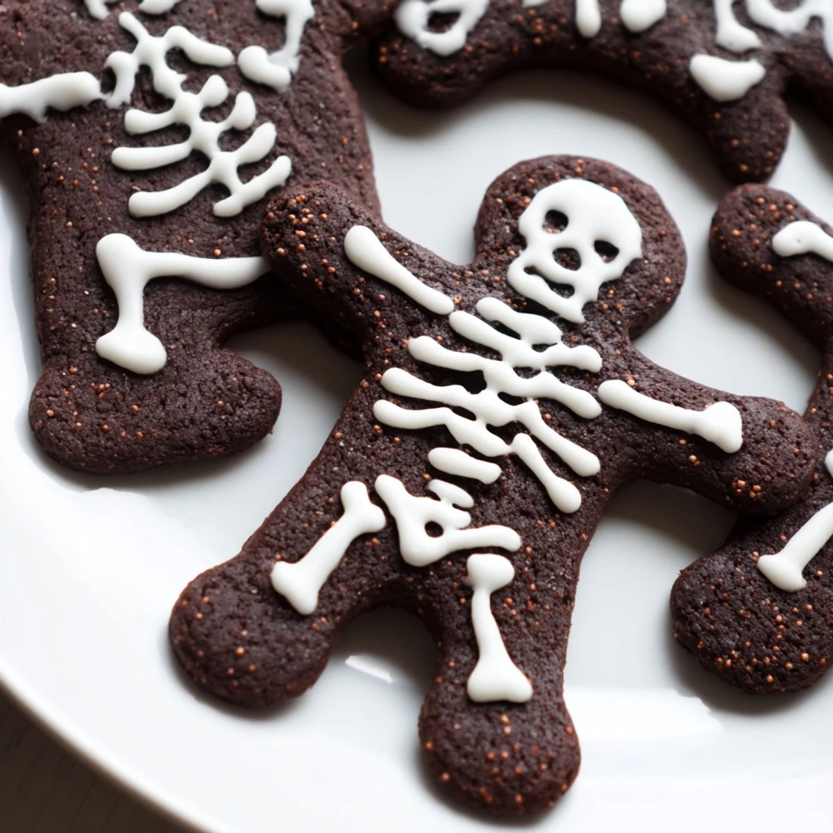 Dark cocoa Chocolate Cinnamon Skeleton Cookies with intricate icing bones arranged on parchment paper