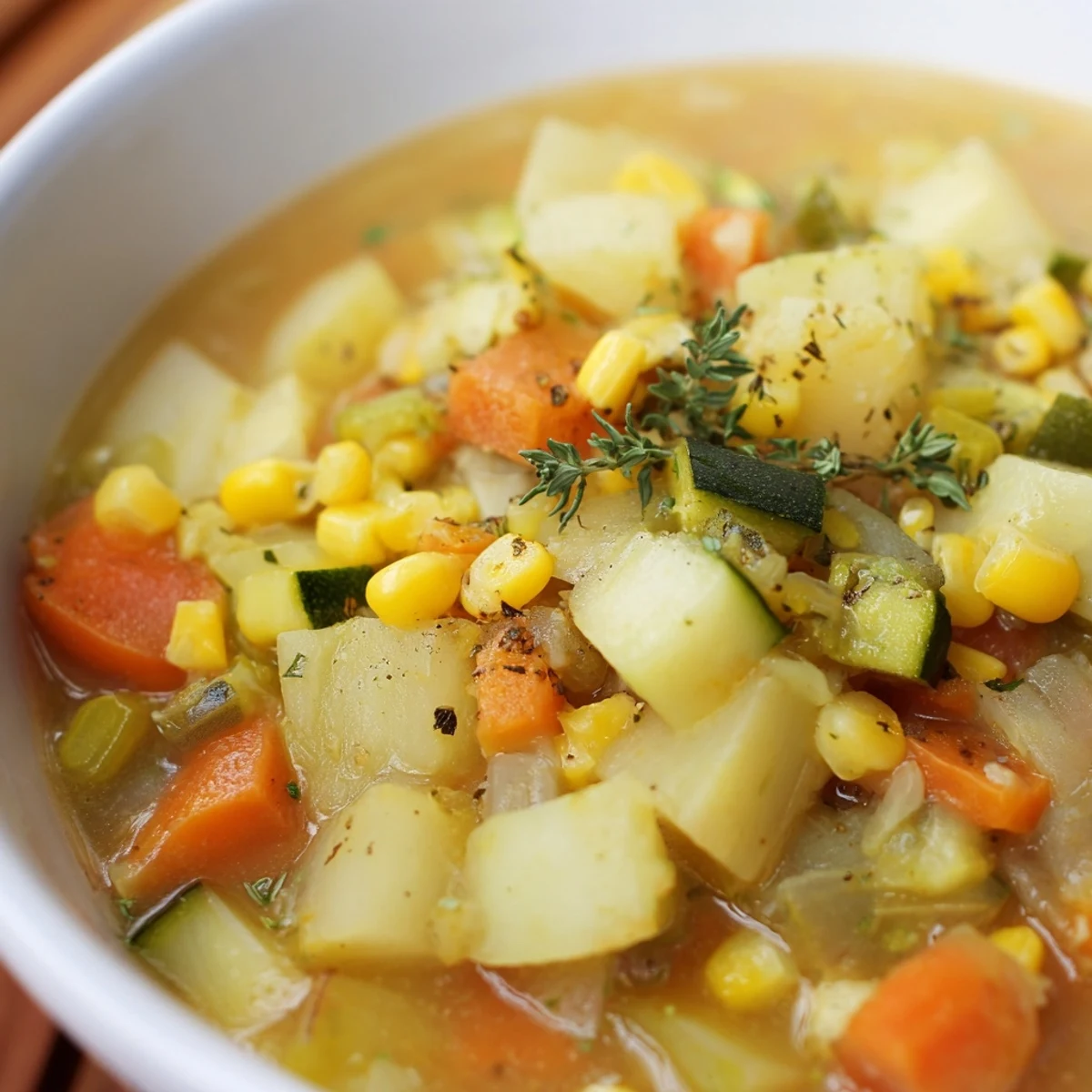 Steaming bowl of hearty potato corn zucchini soup topped with fresh parsley