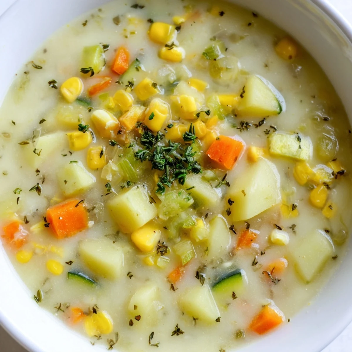 Thick hearty potato corn zucchini soup ladled into a rustic ceramic bowl