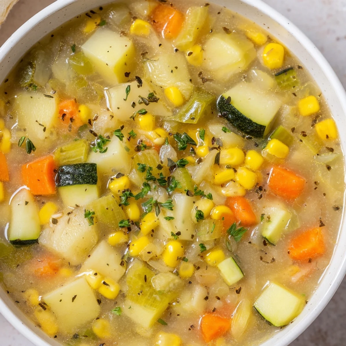 Golden corn and tender diced potatoes in a creamy vegetarian soup bowl