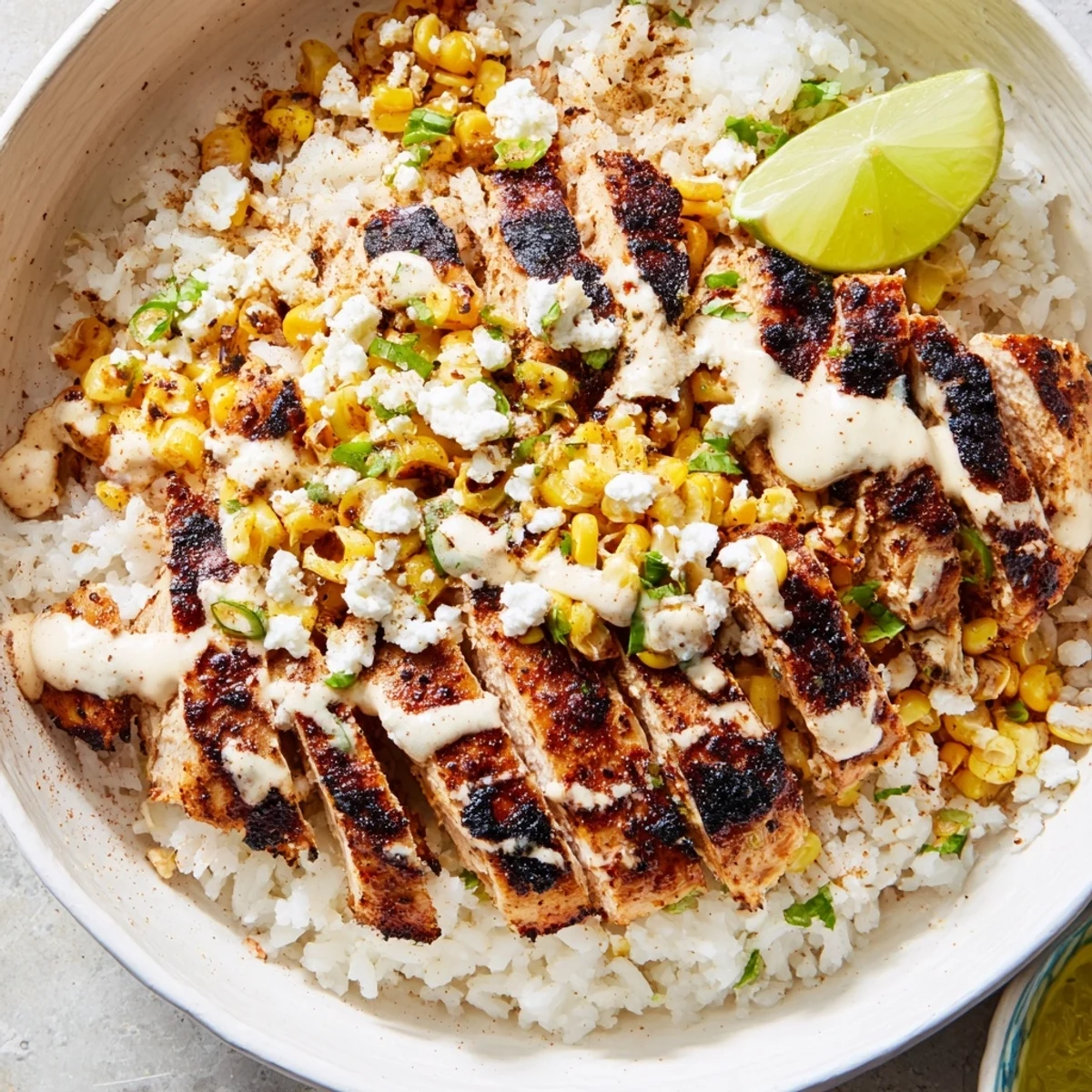 A vibrant street corn chicken rice bowl served in a wide dish with juicy spiced chicken and a lime wedge.