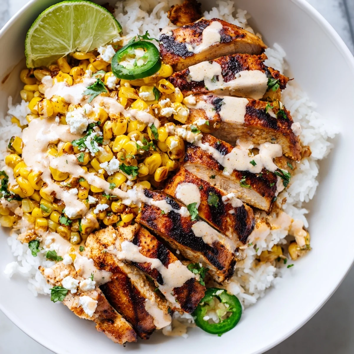 Sliced grilled chicken nestled in a street corn chicken rice bowl drizzled with tangy lime crema and fresh cilantro.