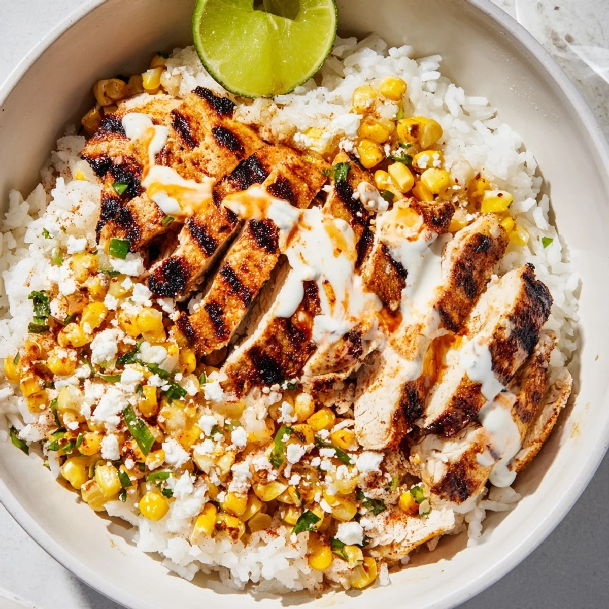 Street corn chicken rice bowl topped with charred corn, creamy sauce, and crumbled cotija cheese over fluffy rice.