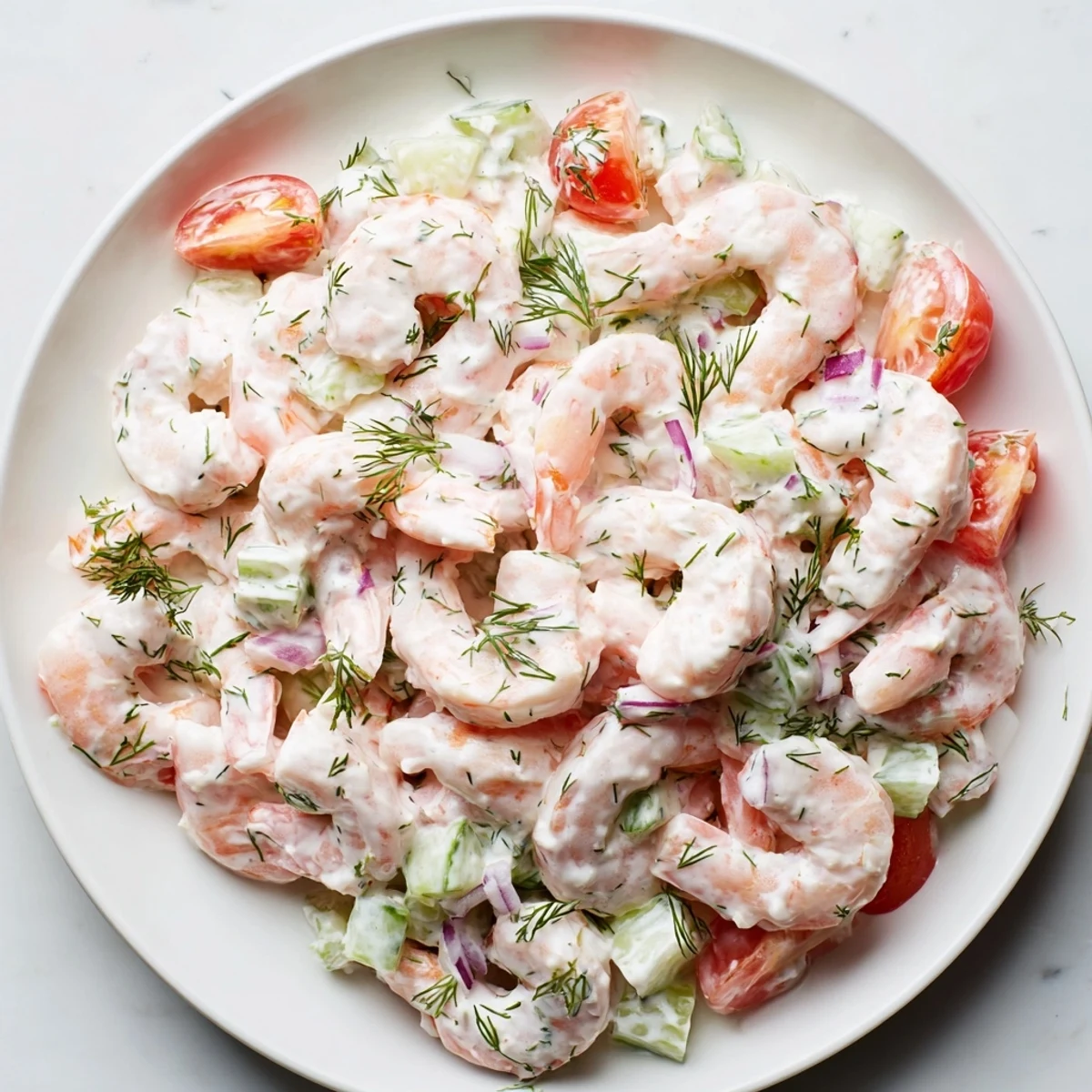 Chilled shrimp salad recipe served with cherry tomatoes and fresh dill on greens