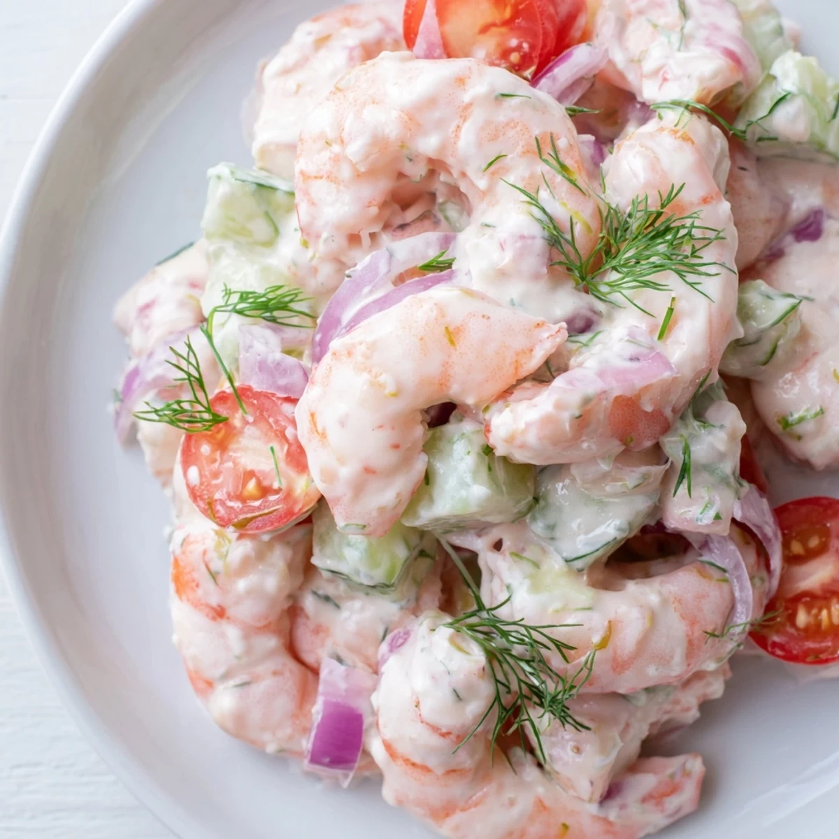 Zesty shrimp salad recipe mounded in a bowl with red onion and herbs
